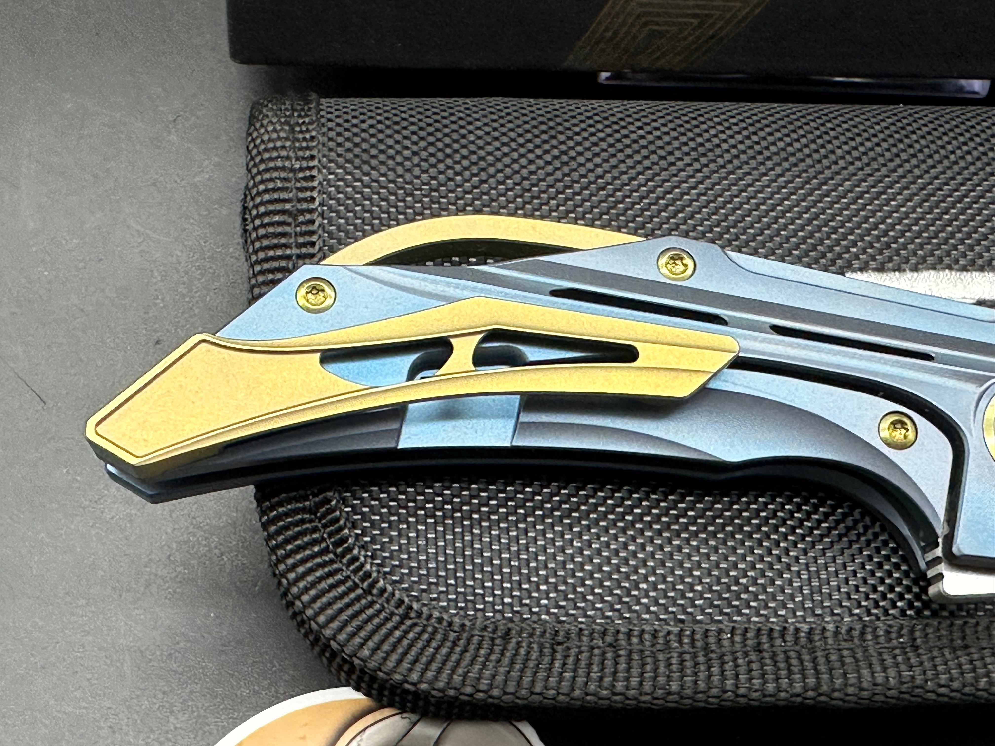 Bestech + Kombou - Vigil/Blue Titanium Handle + Gold Hardware/Drop Point/Satin Polished M390