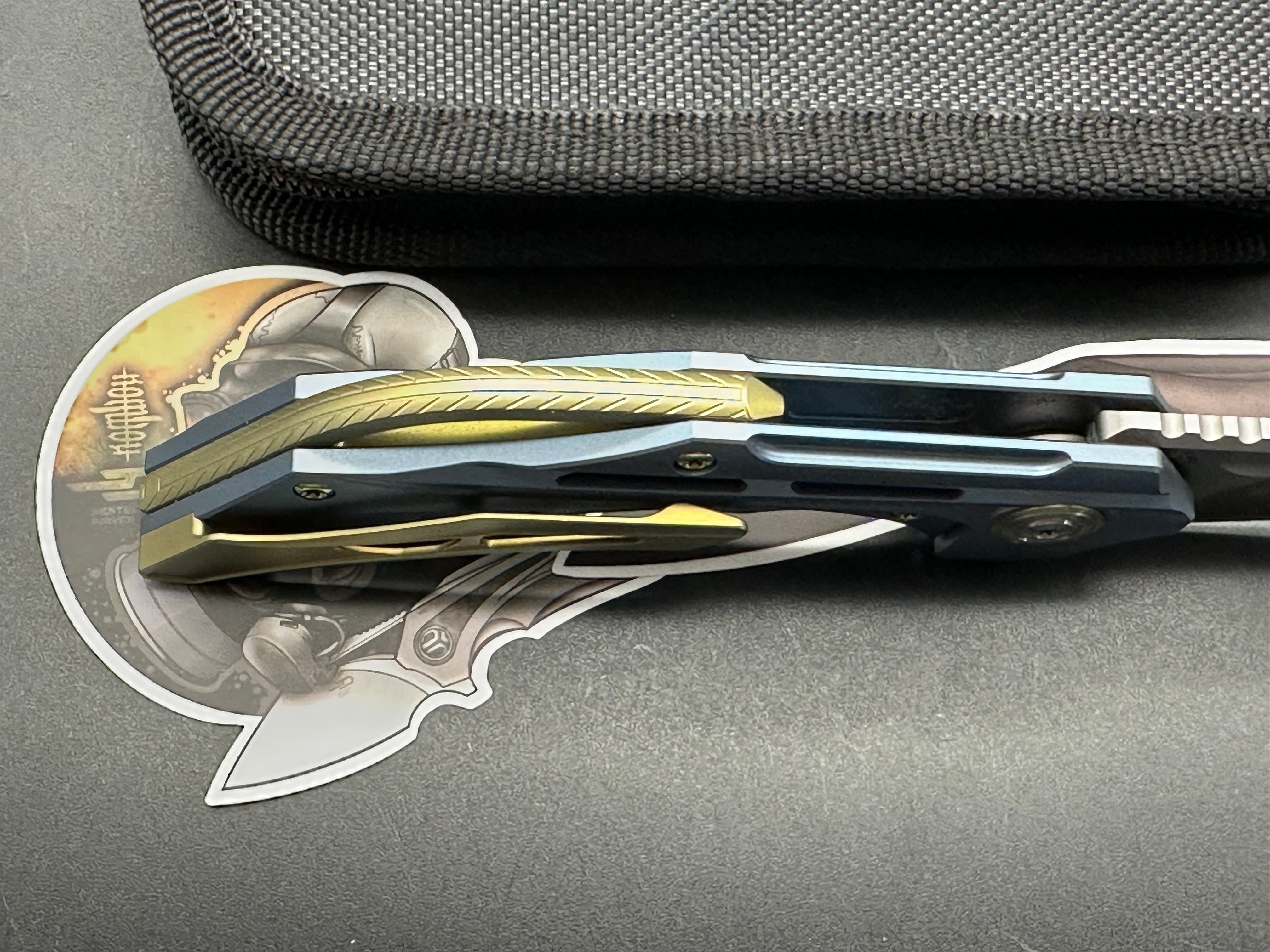 Bestech + Kombou - Vigil/Blue Titanium Handle + Gold Hardware/Drop Point/Satin Polished M390