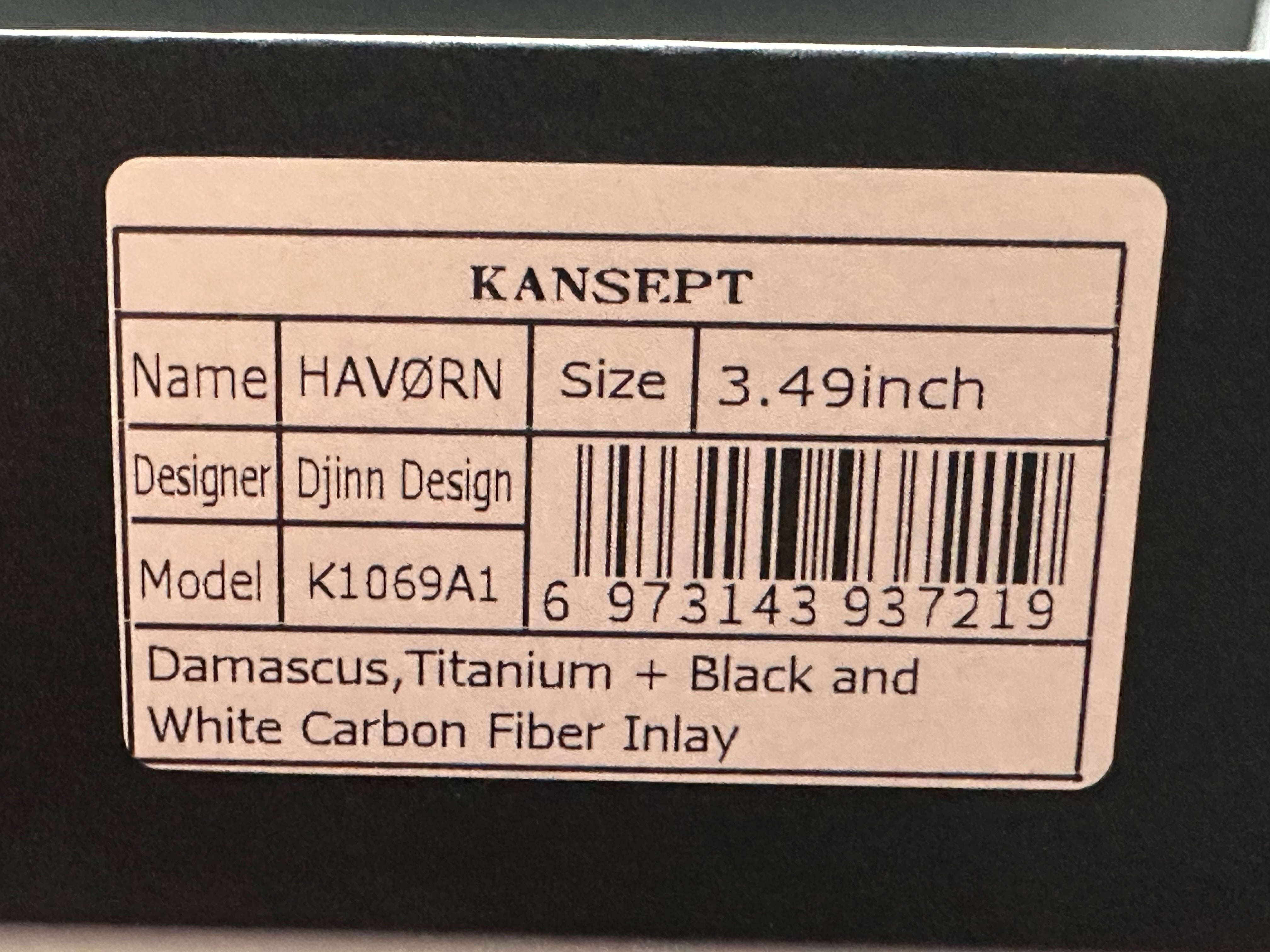 Kansept Knives HAVORN Frame Lock Knife Black and White CF/Ti (3.4" Damascus)
