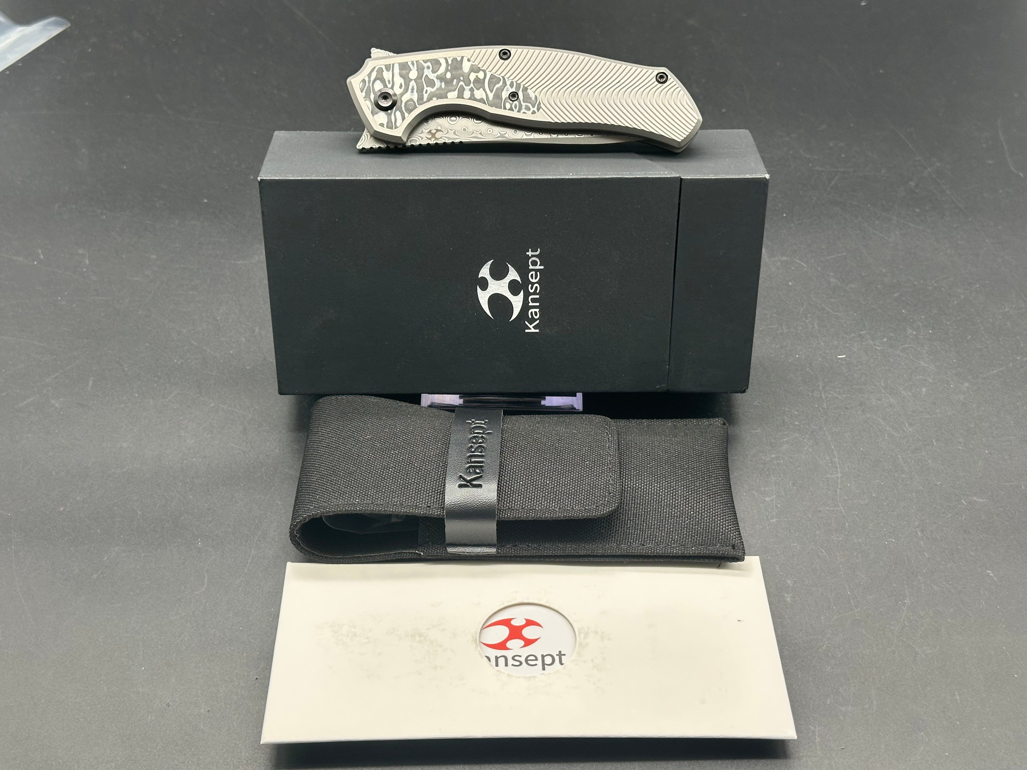Kansept Knives HAVORN Frame Lock Knife Black and White CF/Ti (3.4" Damascus)