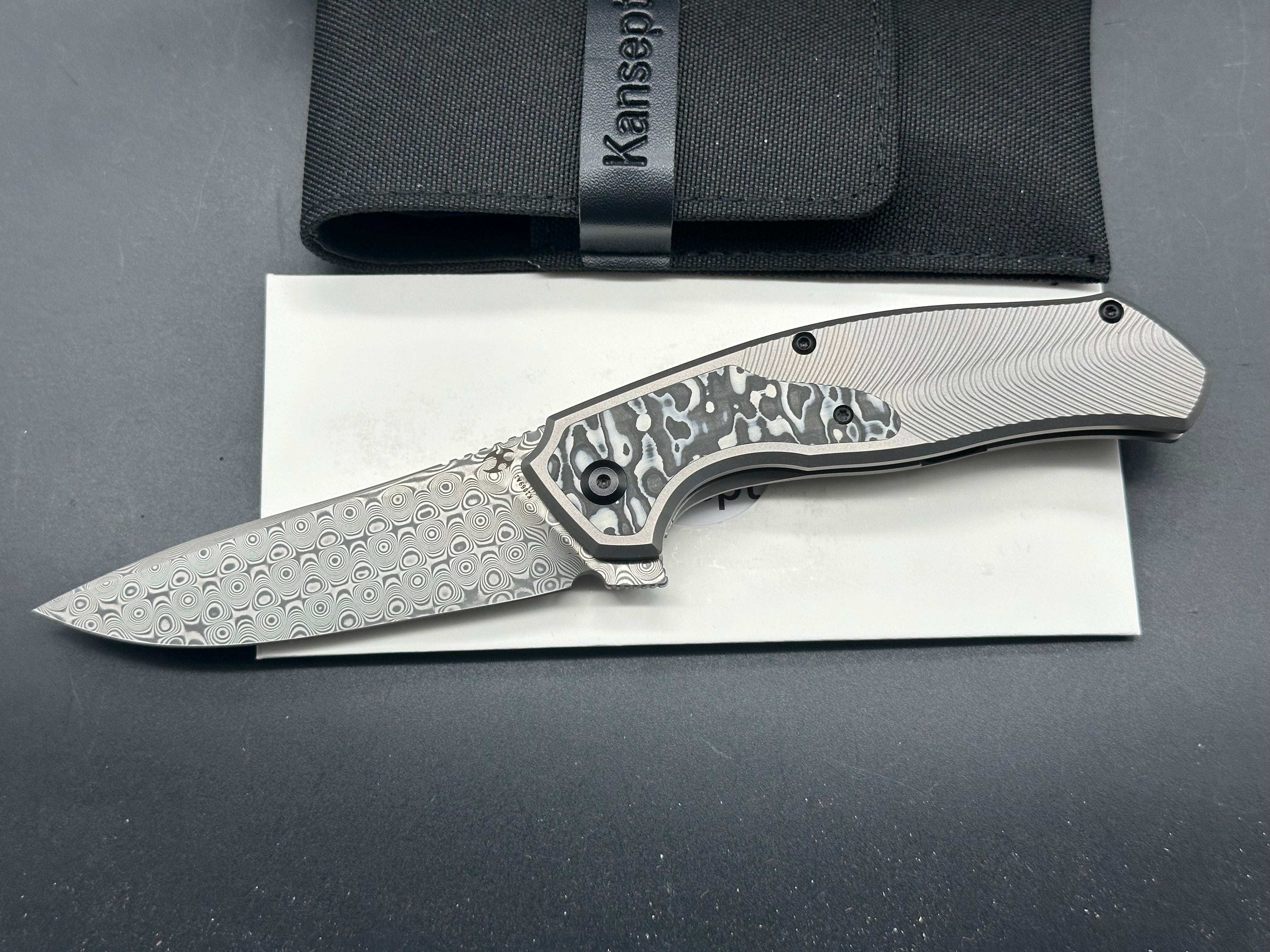 Kansept Knives HAVORN Frame Lock Knife Black and White CF/Ti (3.4" Damascus)