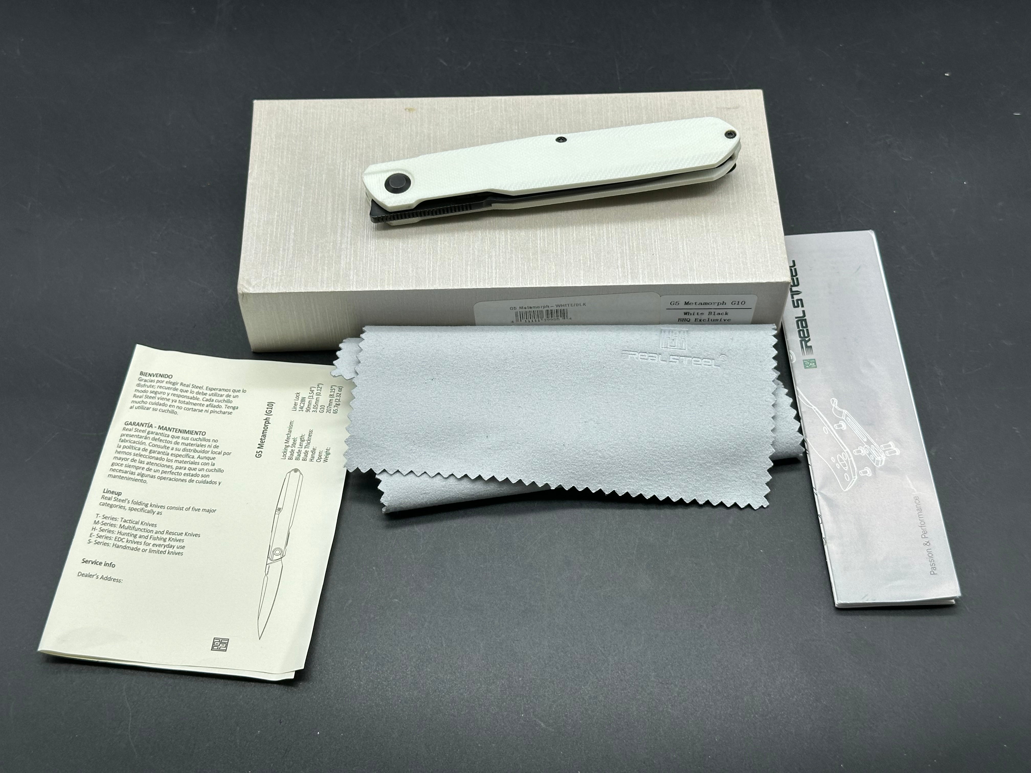 REAL STEEL G5 METAMORPH BUTTON LOCK FOLDING KNIFE OFF WHITE G10 HANDLE 14C28N PLAIN EDGE