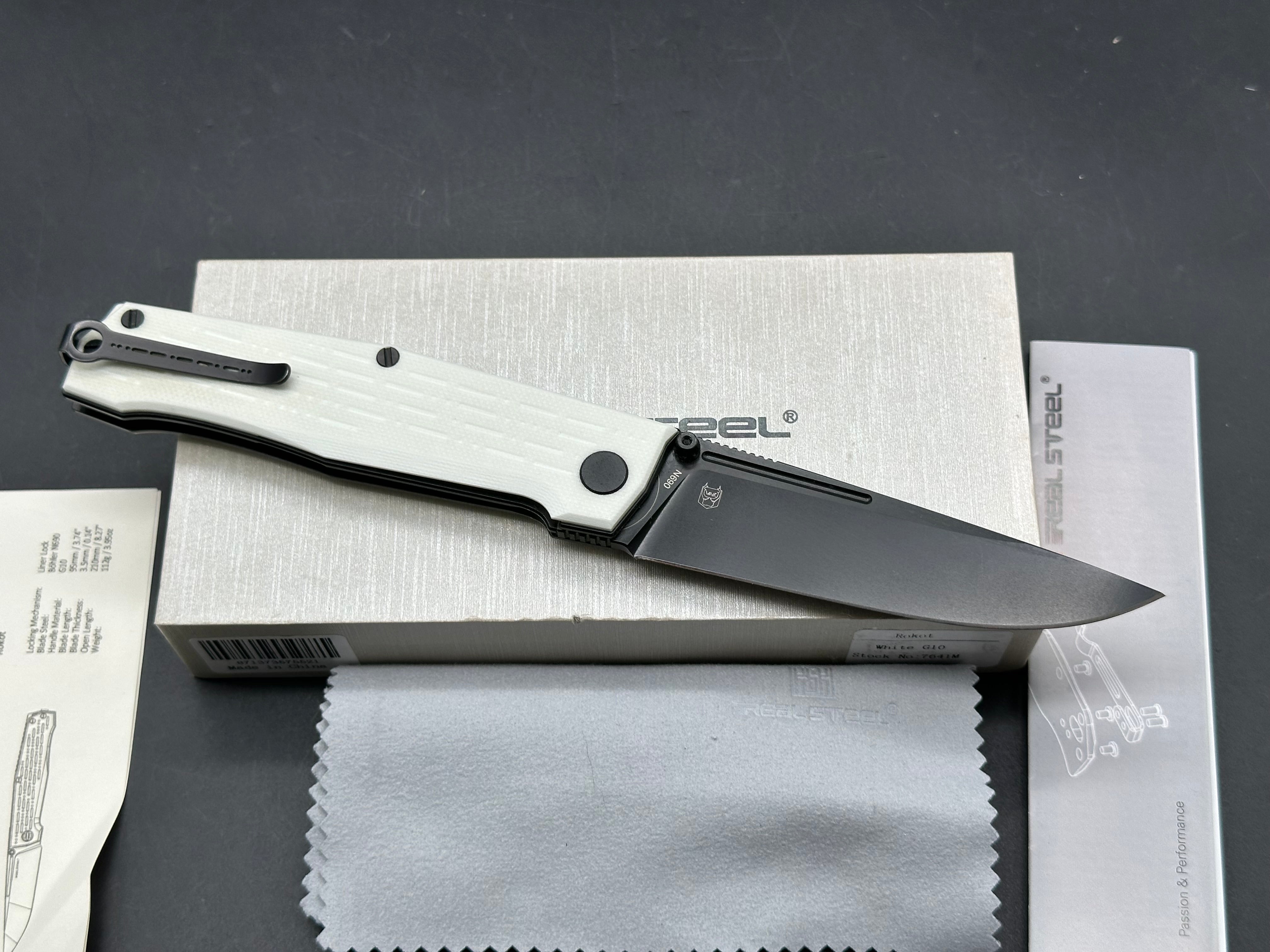 Real Steel Rokot Liner Lock Knife White G-10 (3.6" Black N690)