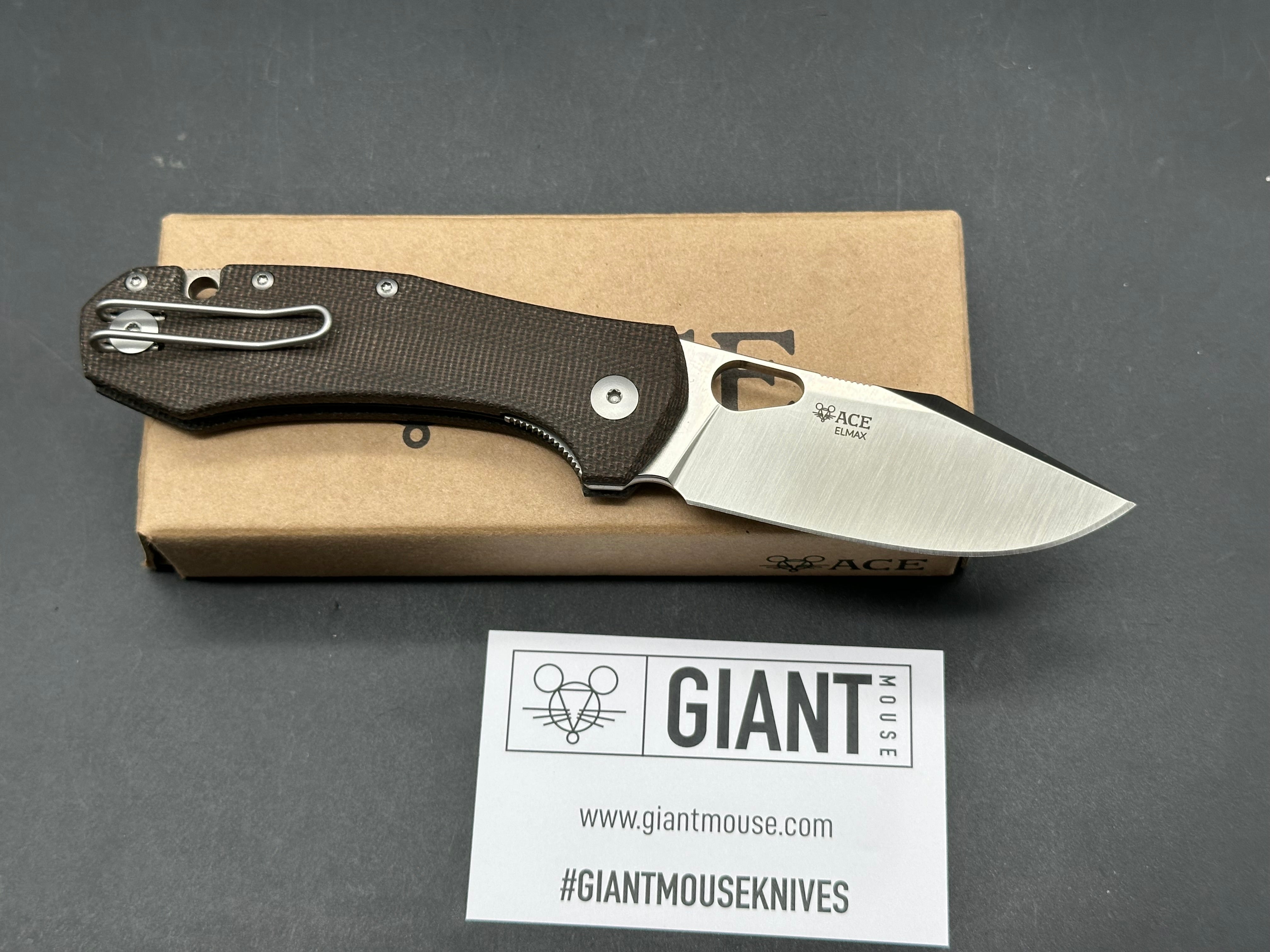 GiantMouse Ace Atelier 2.875" Elmax Satin Blade with Green Canvas Micarta Scales