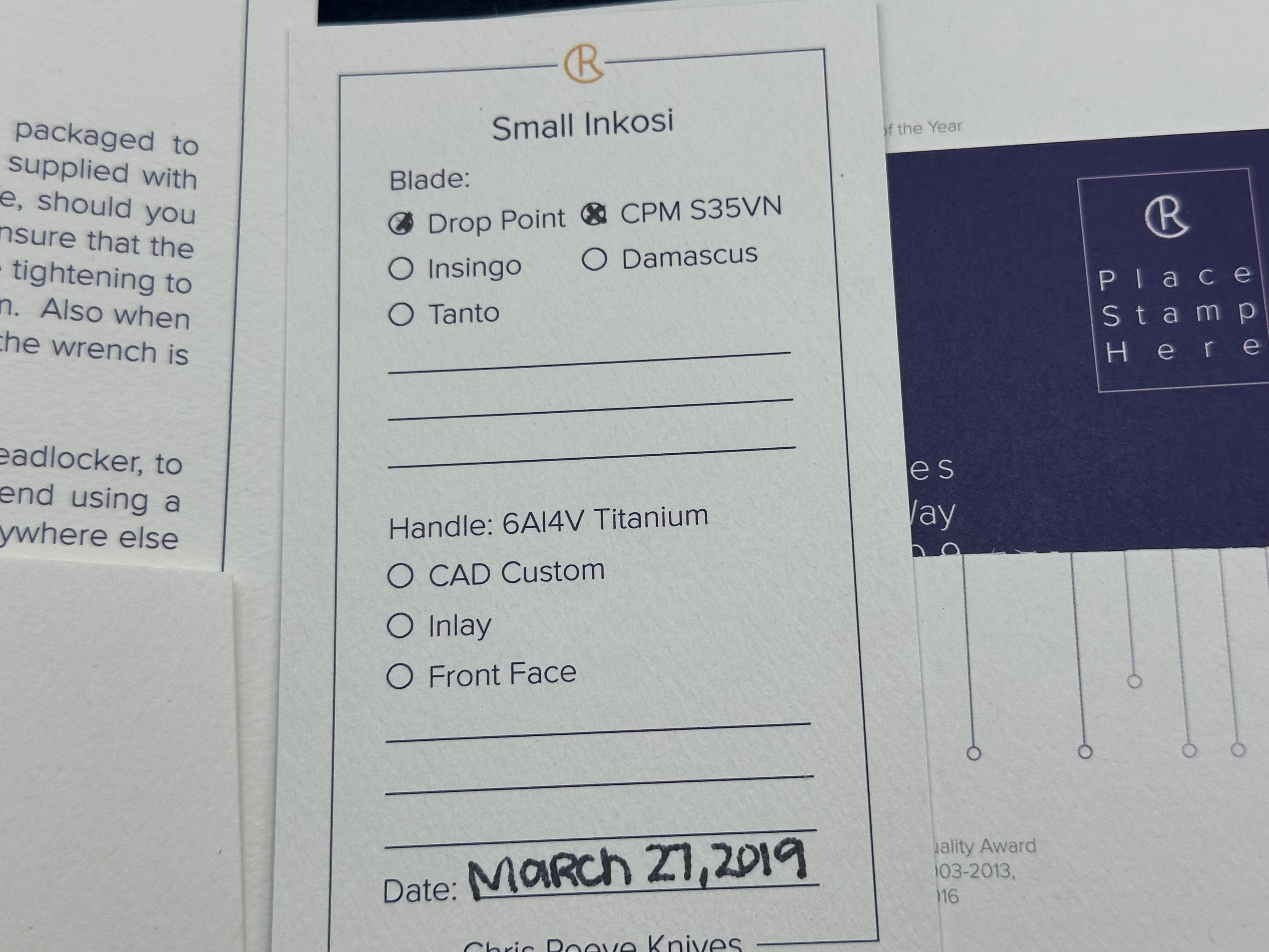 CRK Small Inkosi S35V plain Jane drop point user with snail trails