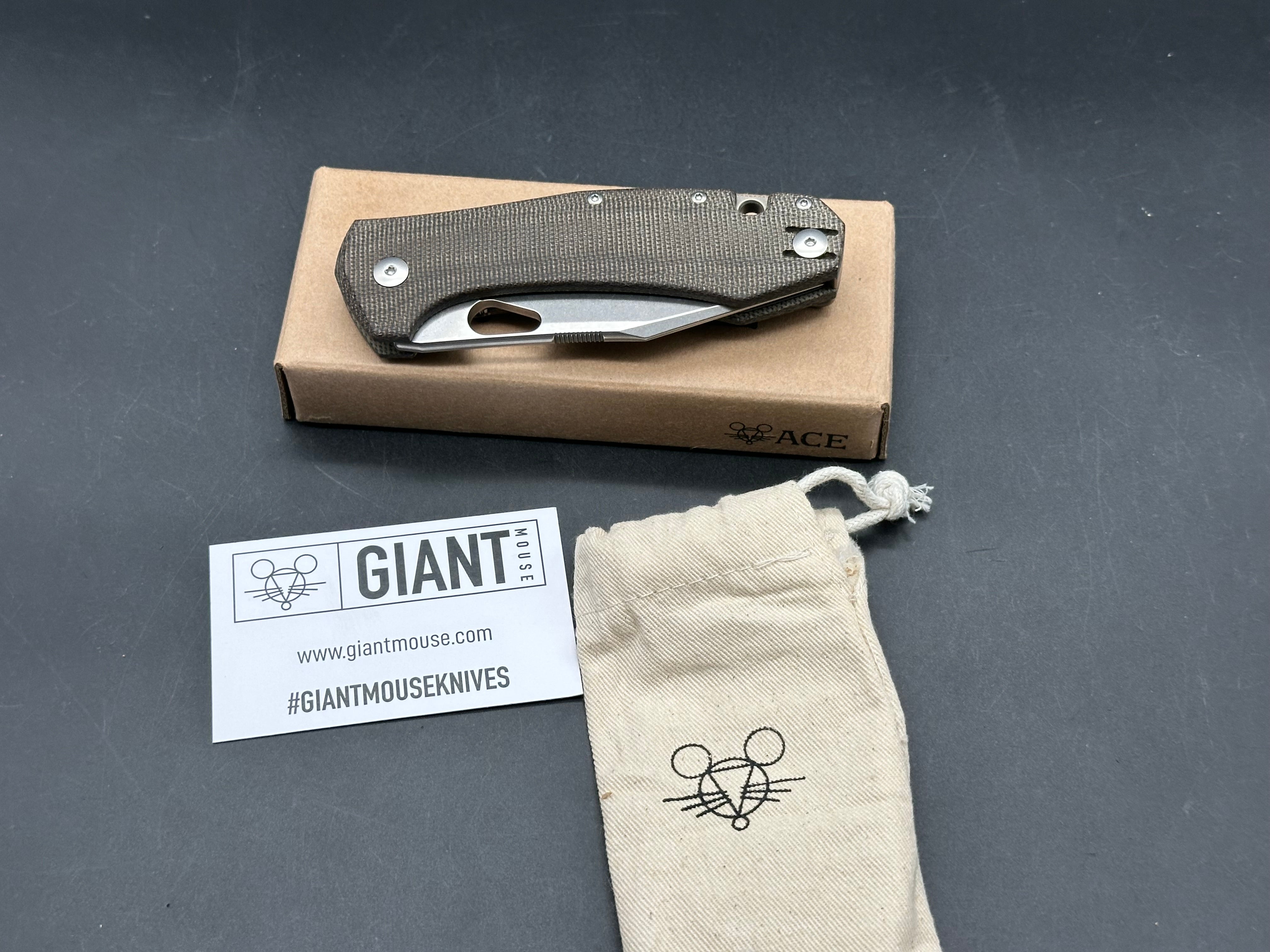 GiantMouse Ace Grand 3.3125" Elmax Stonewash Blade with Green Canvas Micarta Scales