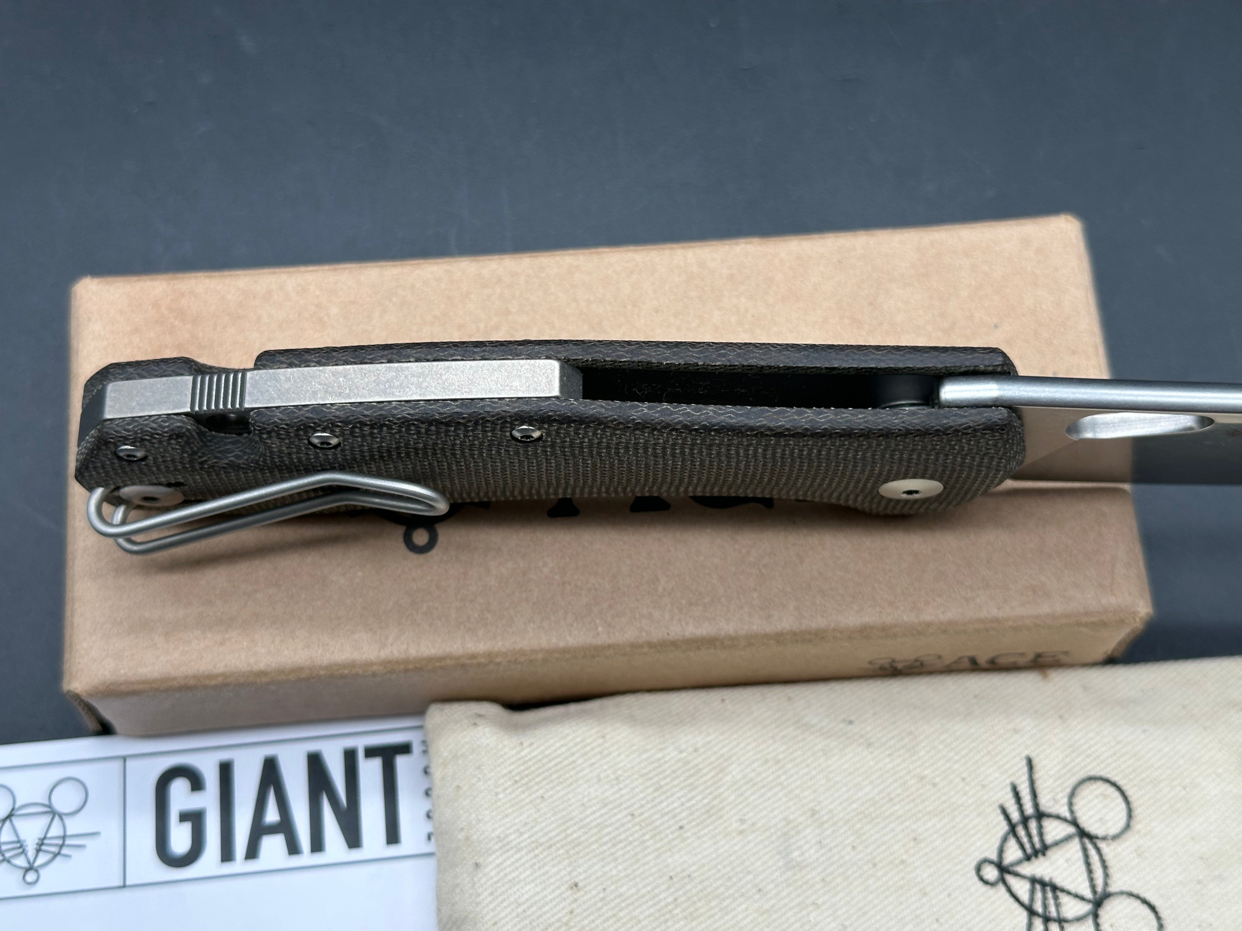 GiantMouse Ace Grand 3.3125" Elmax Stonewash Blade with Green Canvas Micarta Scales