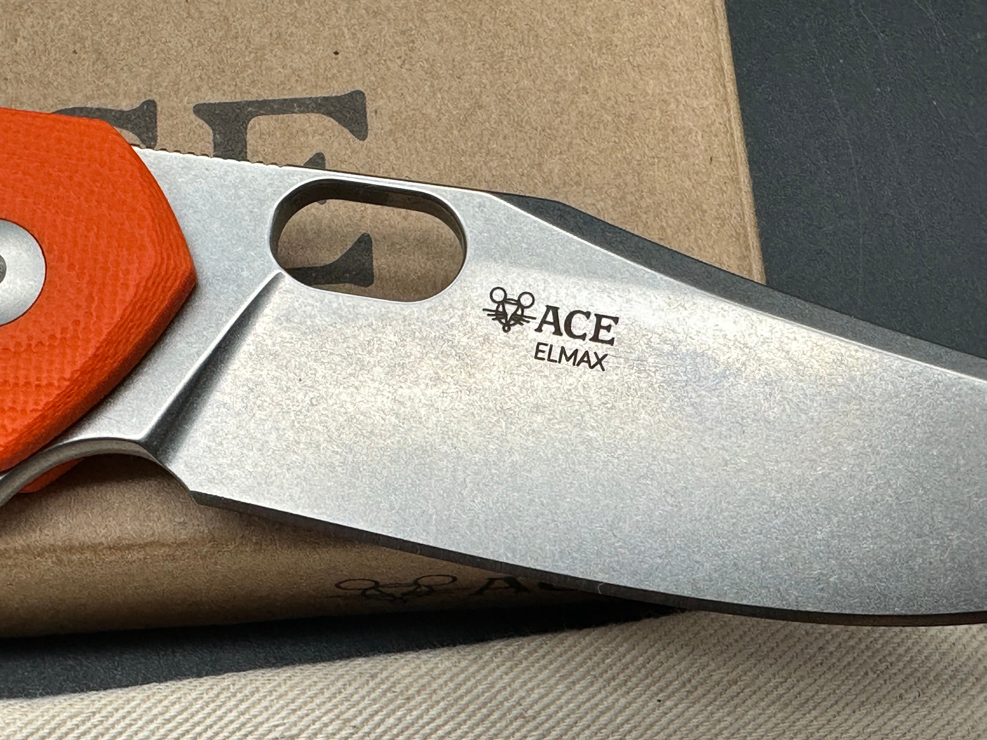 GiantMouse Ace Jutland 3.35" Elmax SuperClean Stonewash Blade with Orange G10 Scales