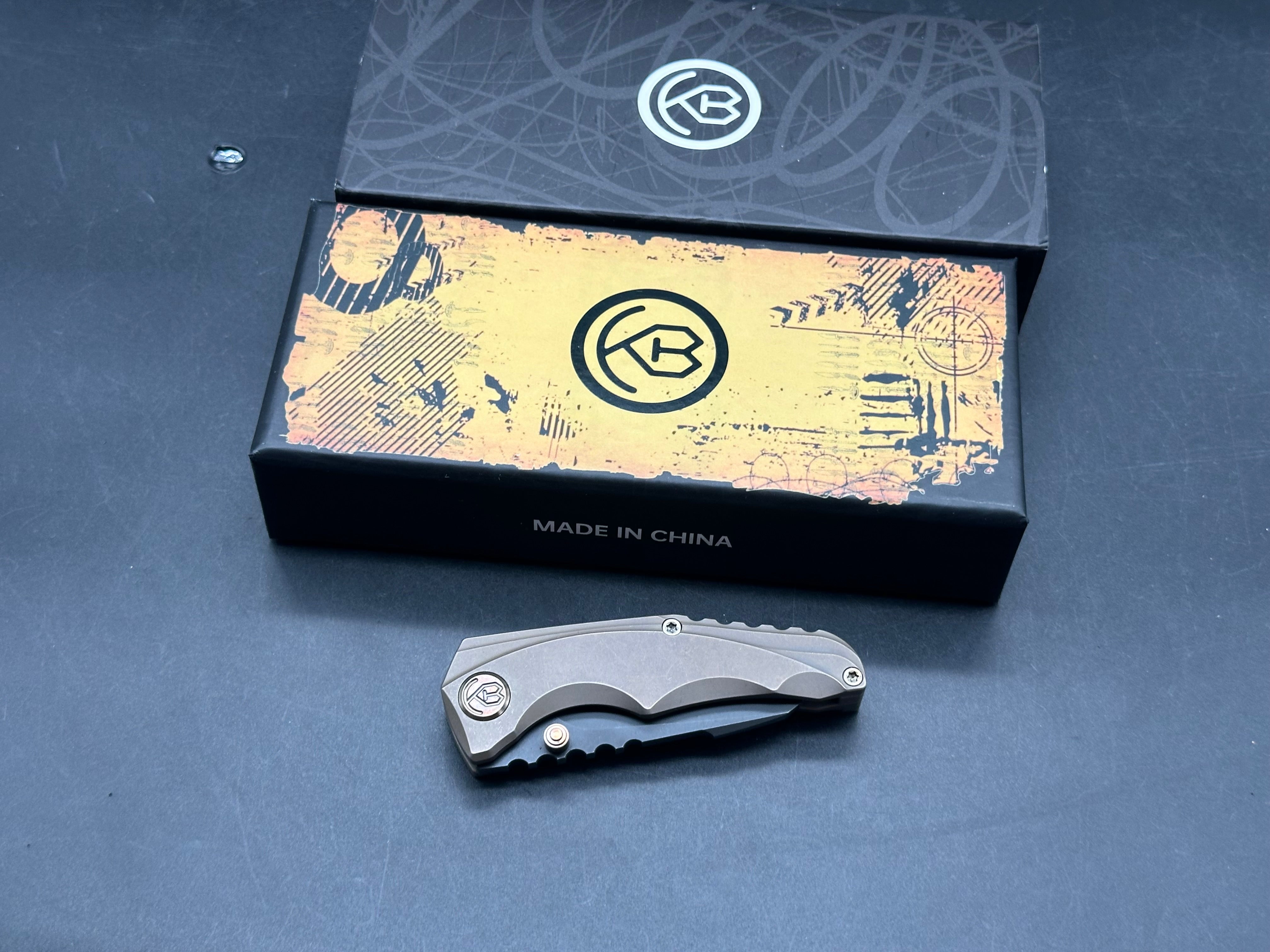 KB Steeltle Folding Knife Bronze Titanium Handle 2.36" Blackwash M390 Blade KB390D