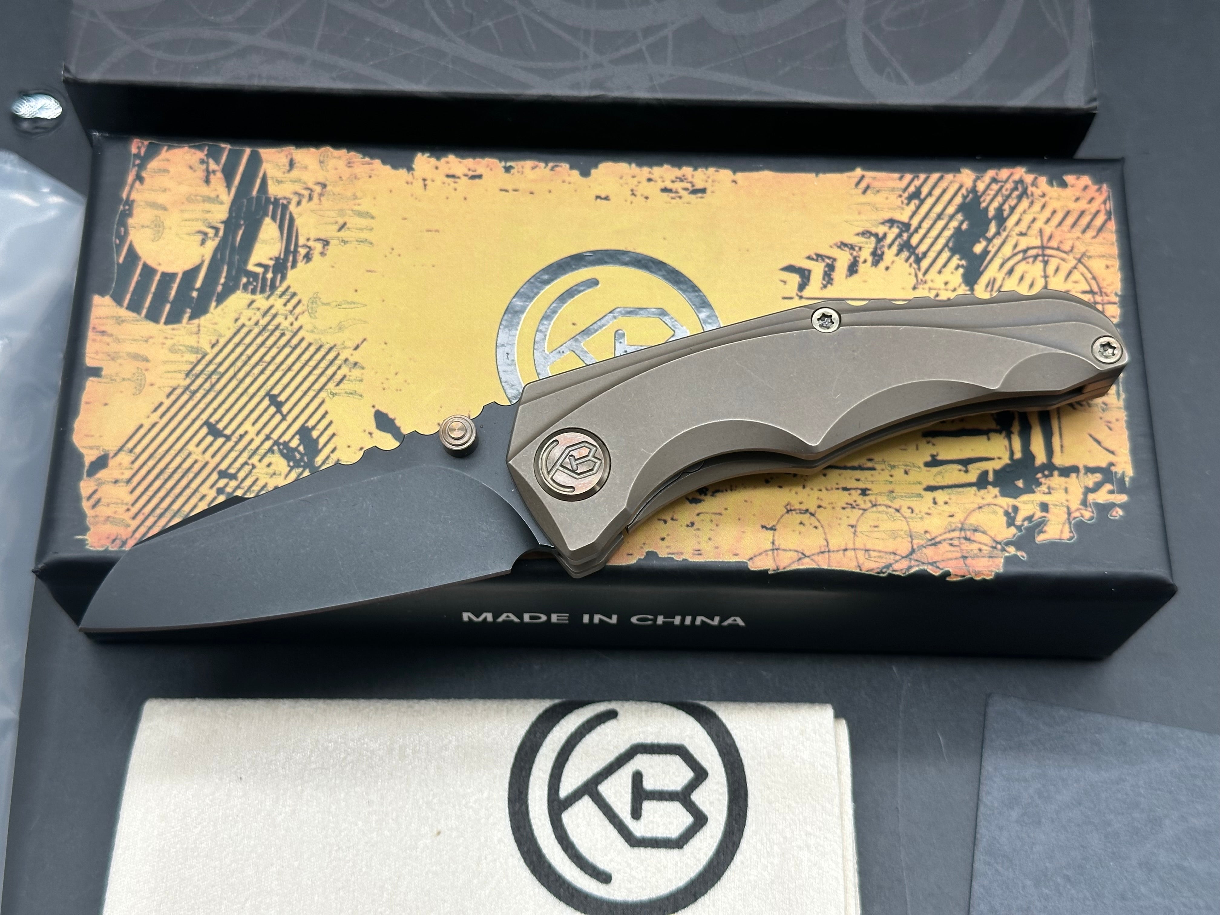 KB Steeltle Folding Knife Bronze Titanium Handle 2.36" Blackwash M390 Blade KB390D
