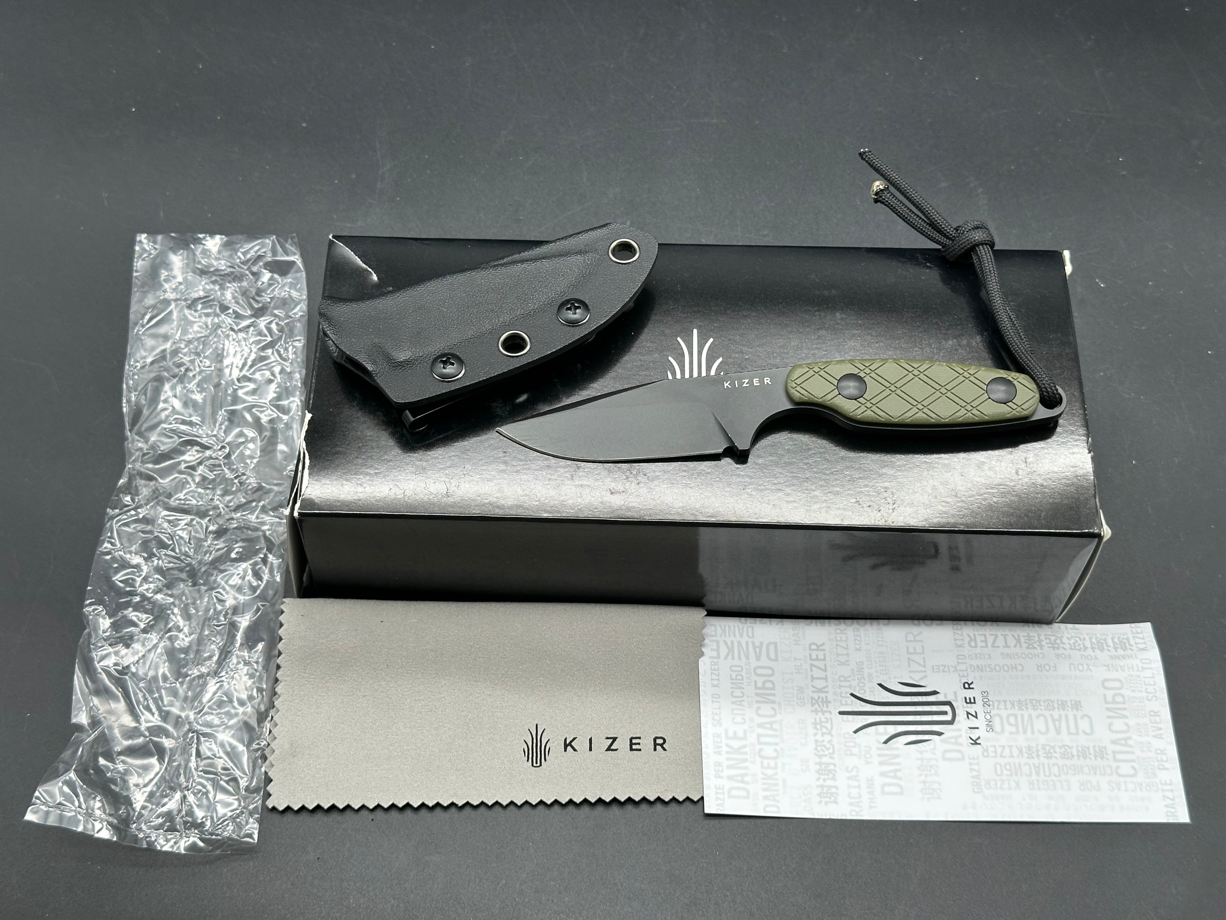KIZER MUSKRAT FIXED BLADE KNIFE GREEN G10 HANDLE D2 CLIP POINT PLAIN BLACK BLADE