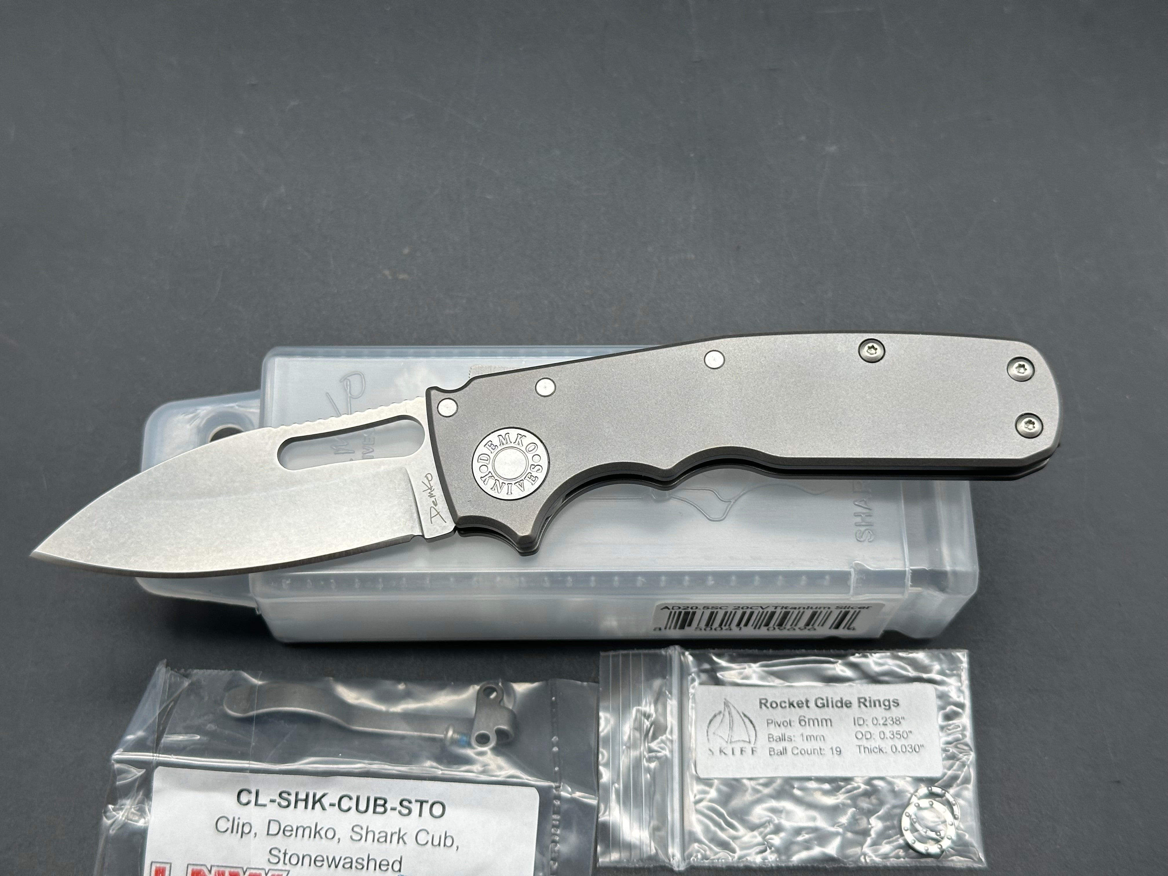 Demko Shark Cub, DLT Exclusive (NEW), 2.75" CPM 20CV Slicer Blade with Smooth Titanium Handle plus Skiff Bearings