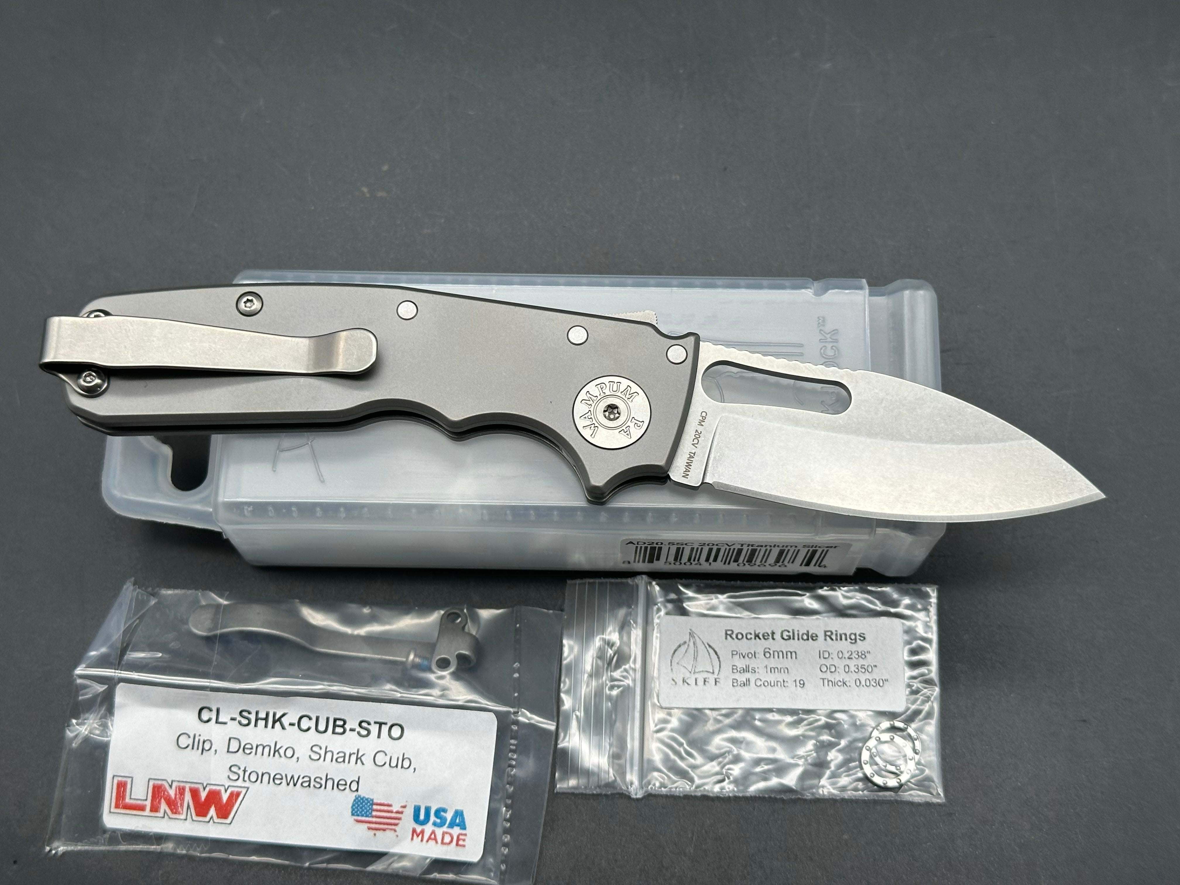 Demko Shark Cub, DLT Exclusive (NEW), 2.75" CPM 20CV Slicer Blade with Smooth Titanium Handle plus Skiff Bearings