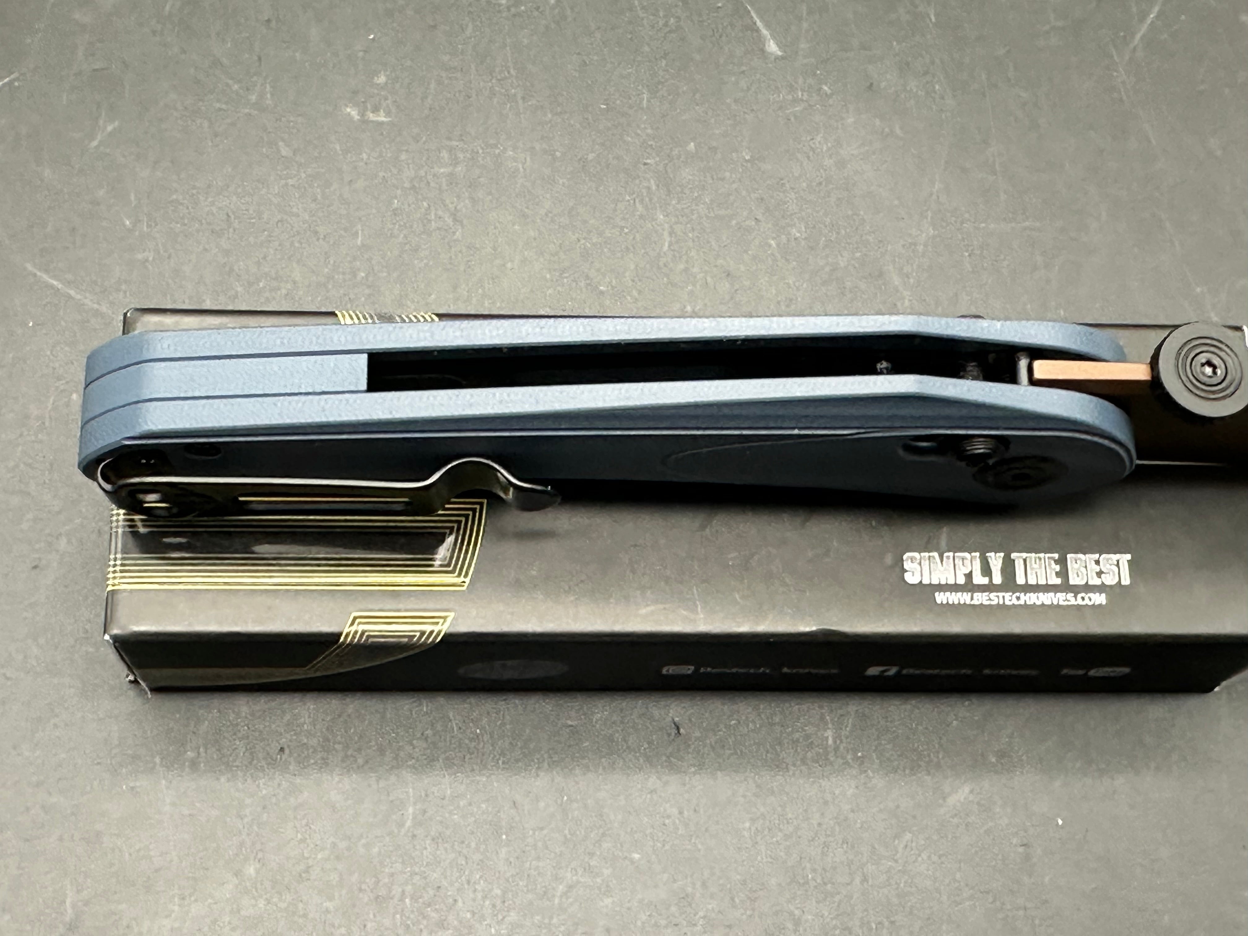 BESTECH MOTHUS FOLDING KNIFE BLUE/GRAY G10 HANDLE 14C28N DROP POINT PLAIN EDGE GOLD PVD FINISH