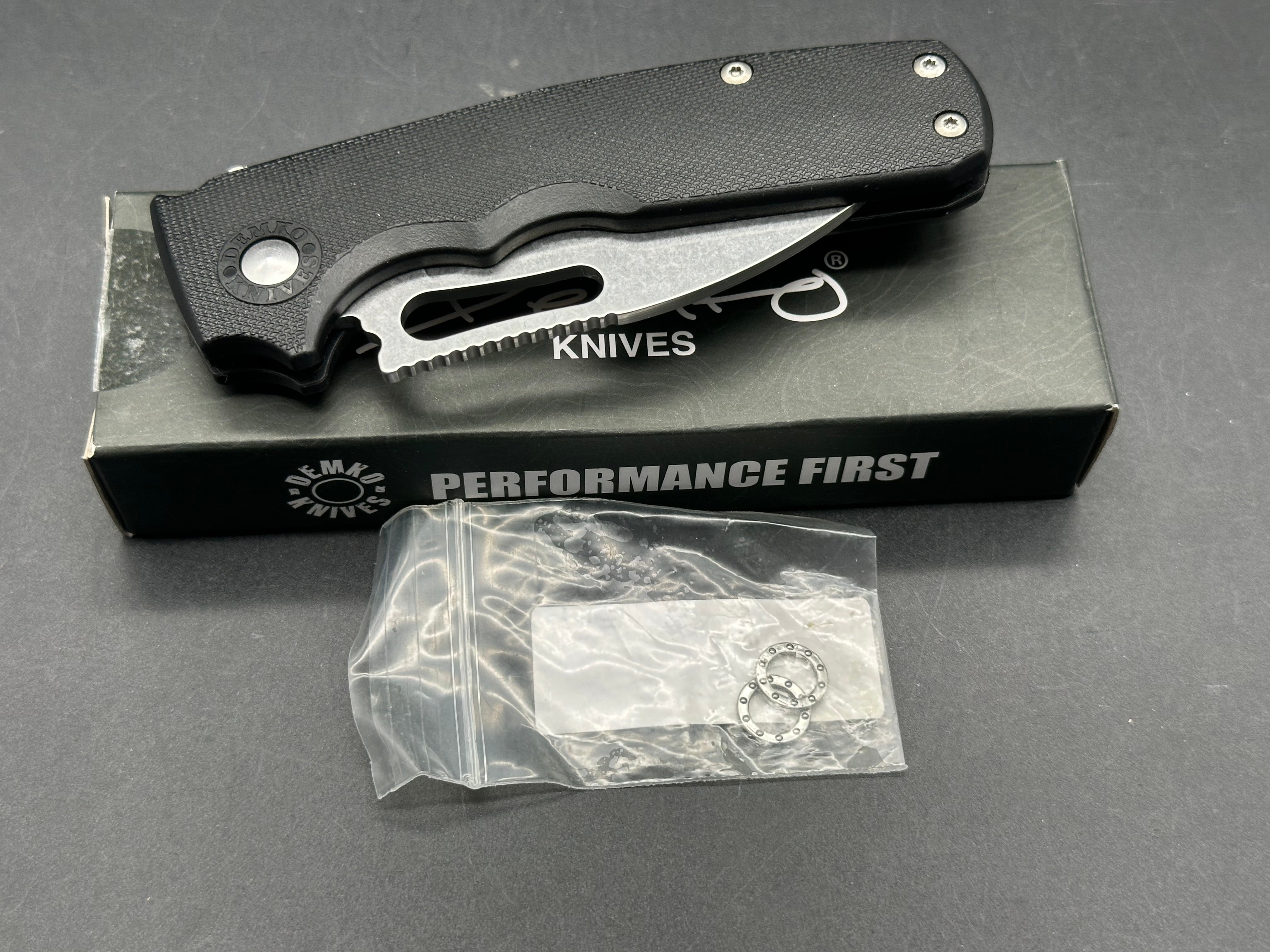 Demko Shark Cub (NEW), 2.75" AUS10A Stonewash Blade with Black GRN Handle with Skiff Bearings Installed