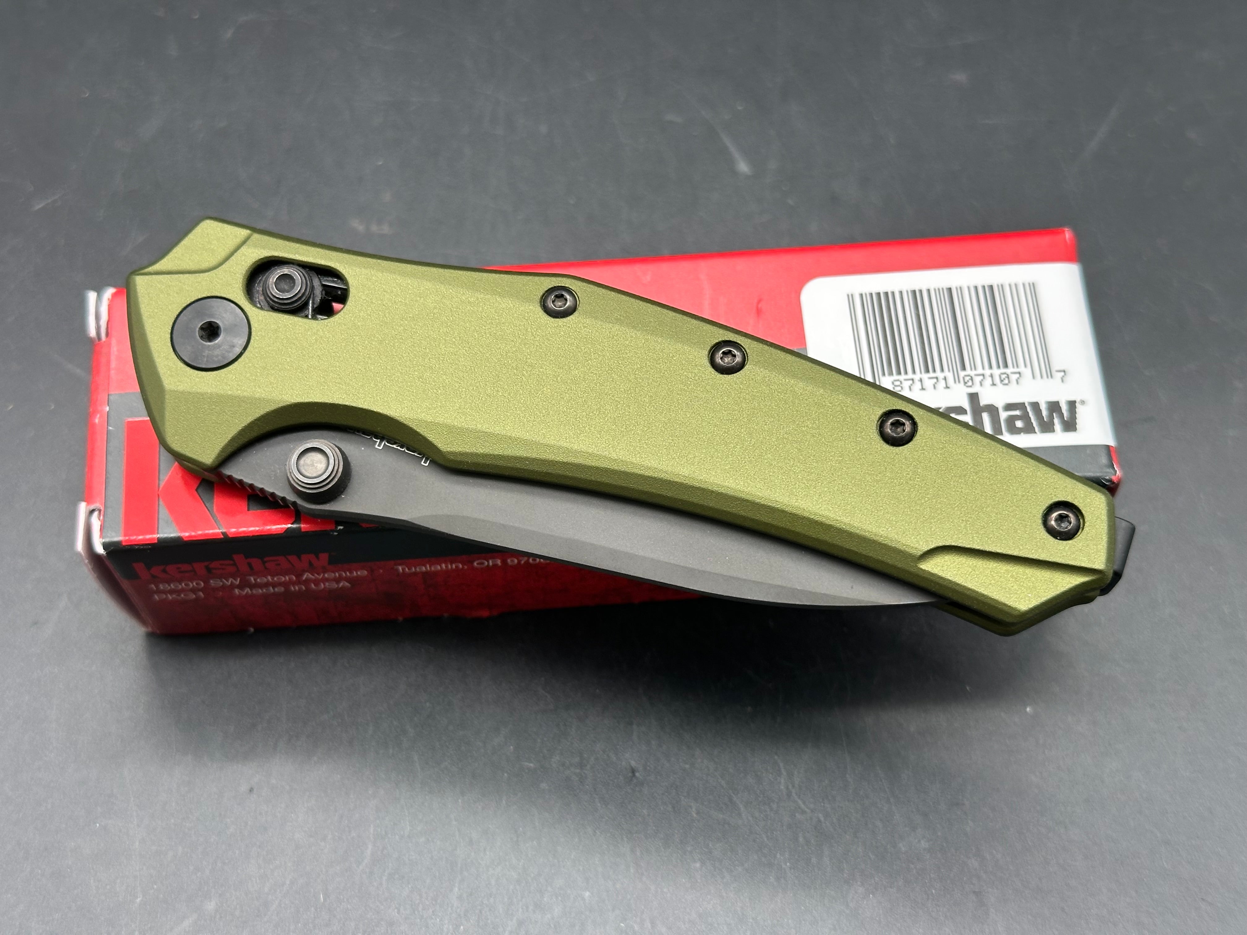KERSHAW BAREKNUCKLE DURALOCK FOLDING KNIFE GREEN ALUMINUM HANDLE CPM MAGNACUT BLACK SHEEPSFOOT BLADE
