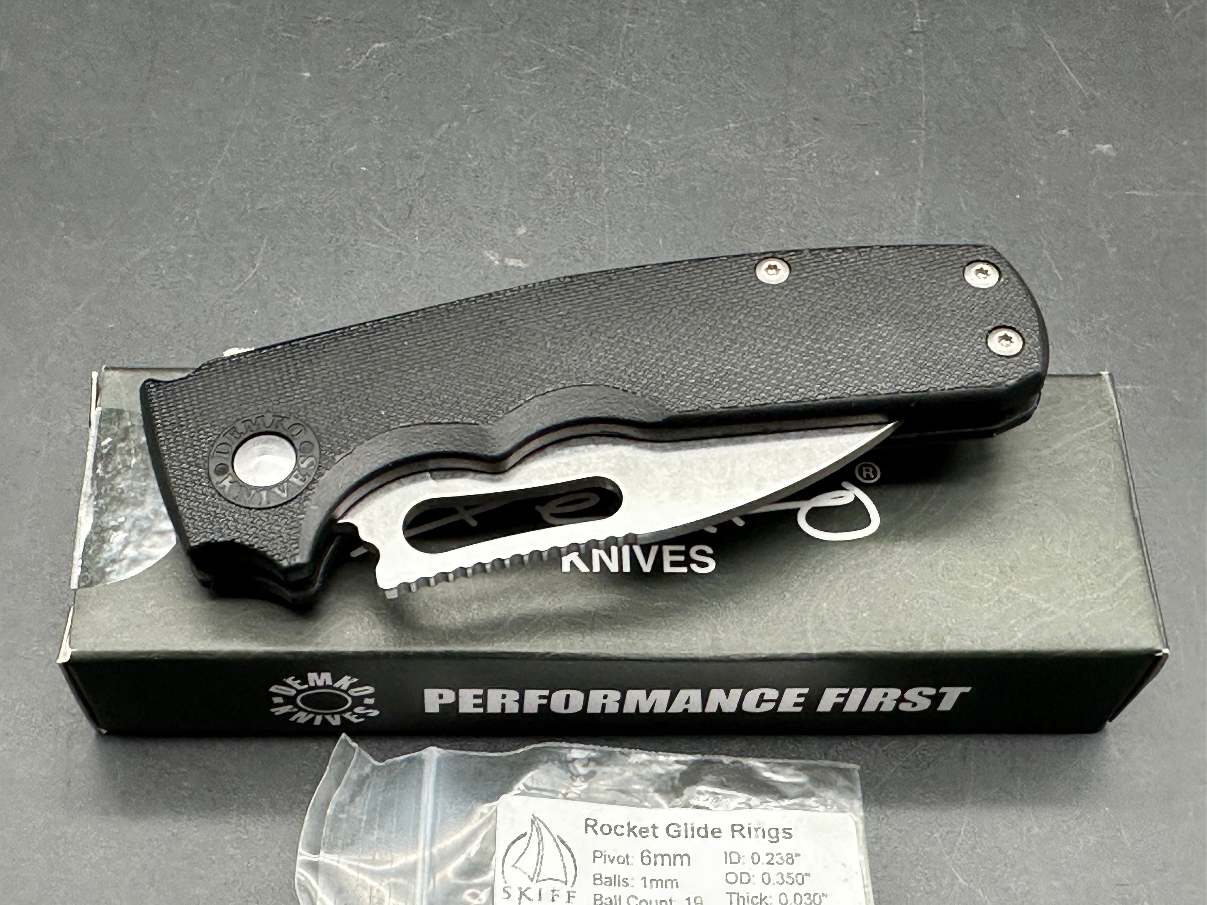 Demko Shark Cub (NEW), 2.75" AUS10A Stonewash Blade with Black GRN Handle with Skiff Bearings Installed