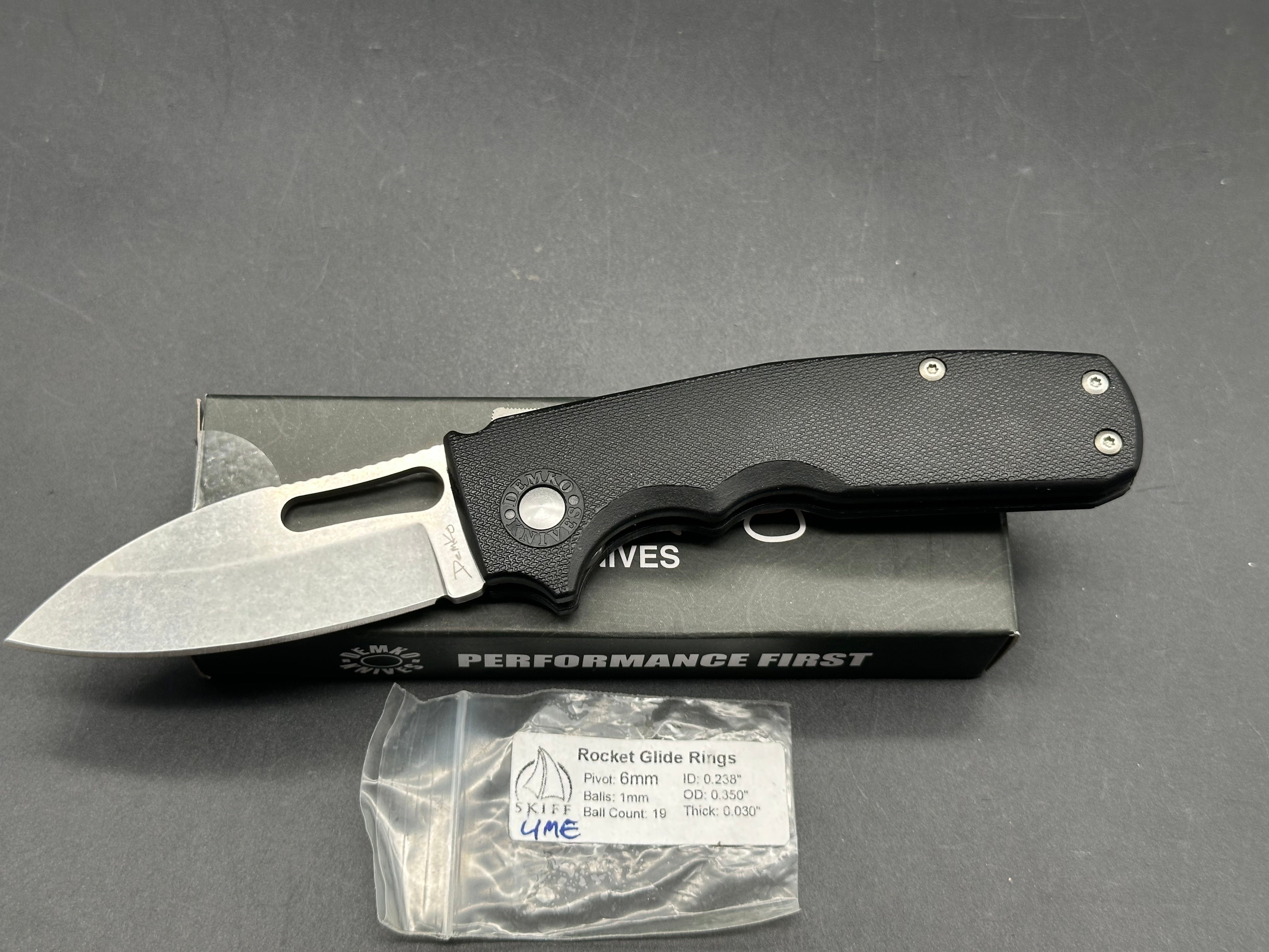 Demko Shark Cub (NEW), 2.75" AUS10A Stonewash Blade with Black GRN Handle with Skiff Bearings Installed