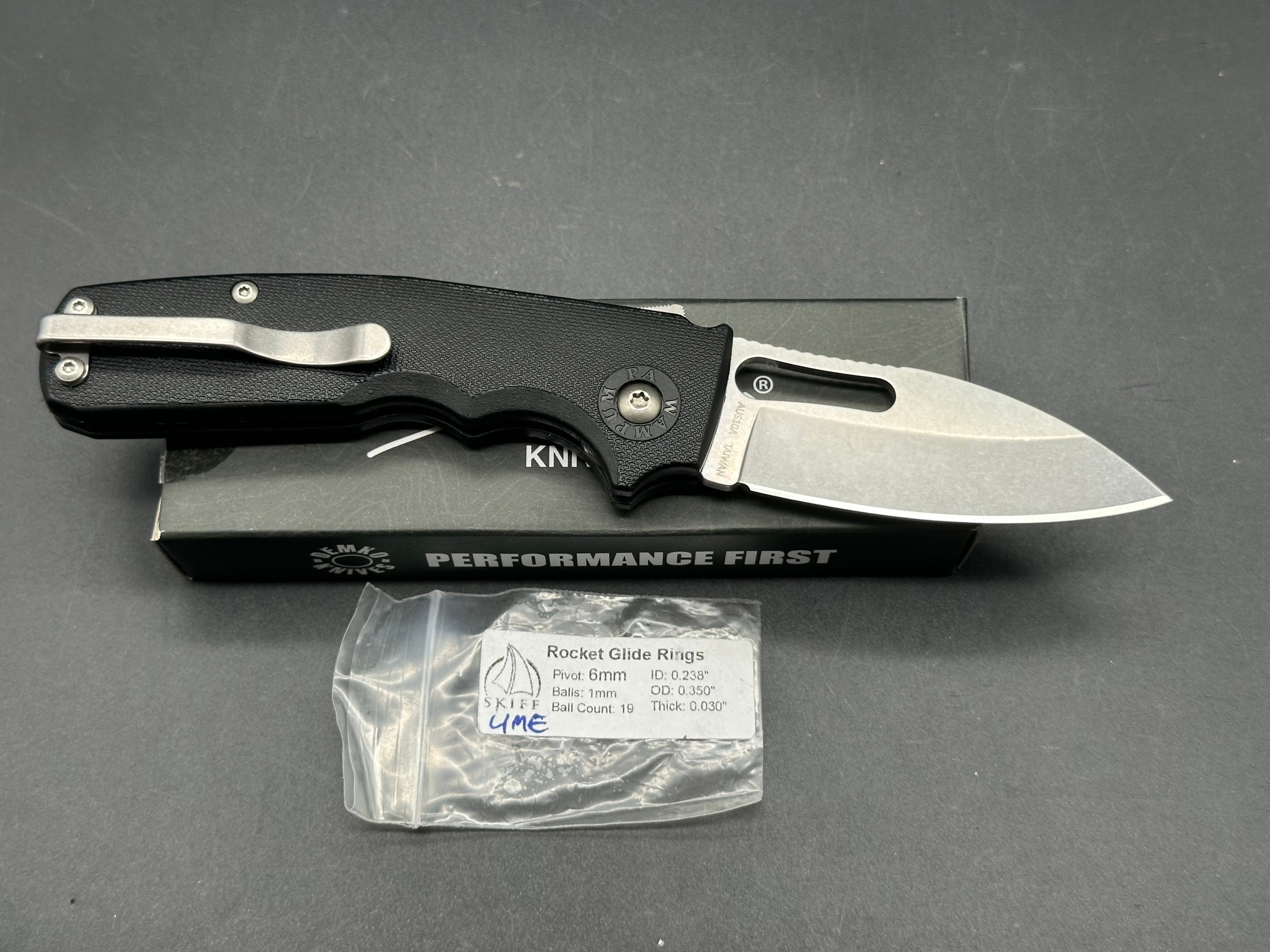 Demko Shark Cub (NEW), 2.75" AUS10A Stonewash Blade with Black GRN Handle with Skiff Bearings Installed