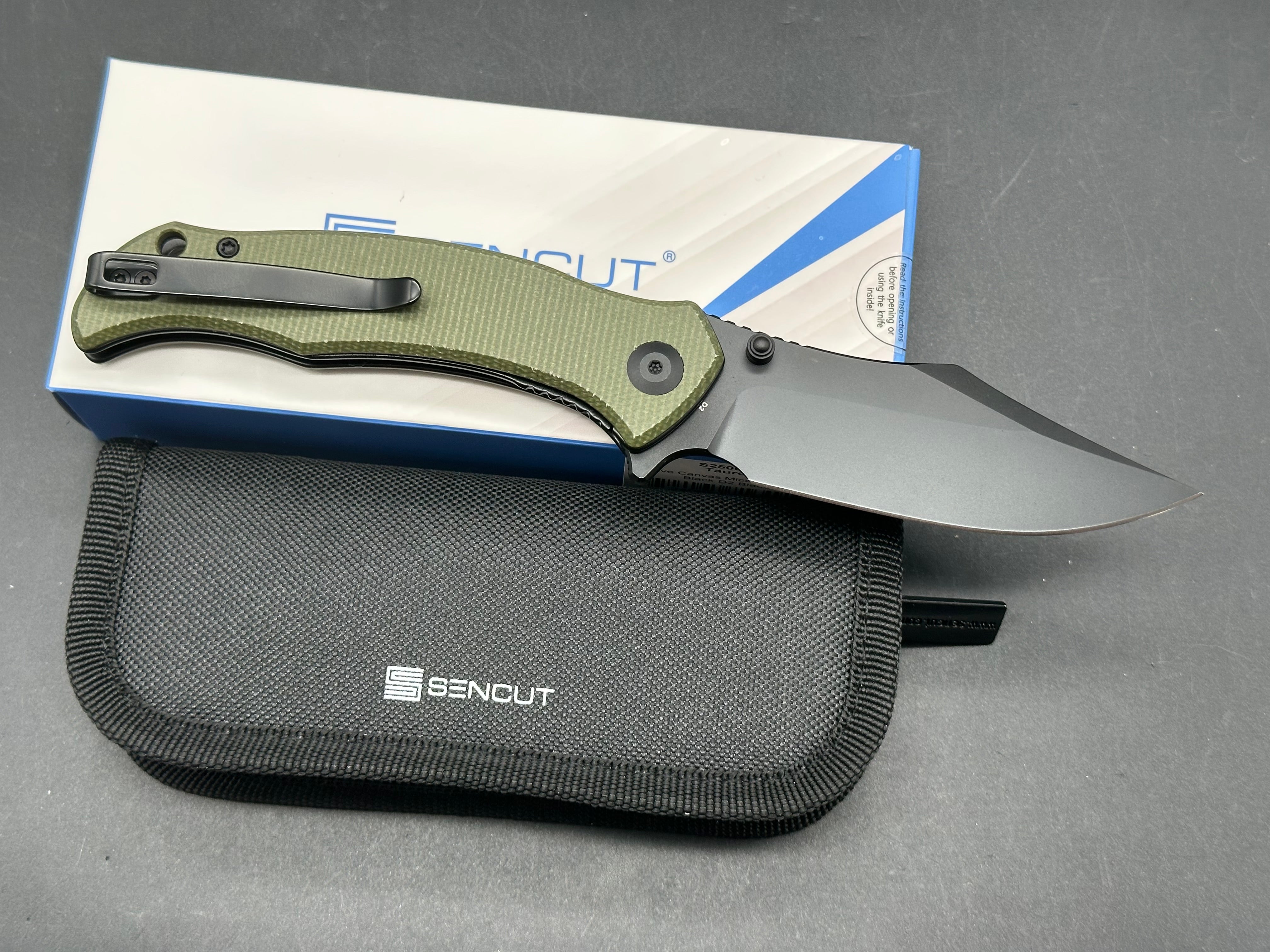 SENCUT TAURON FOLDING KNIFE Olive micarta HANDLE D2 PLAIN EDGE SATIN FINISH