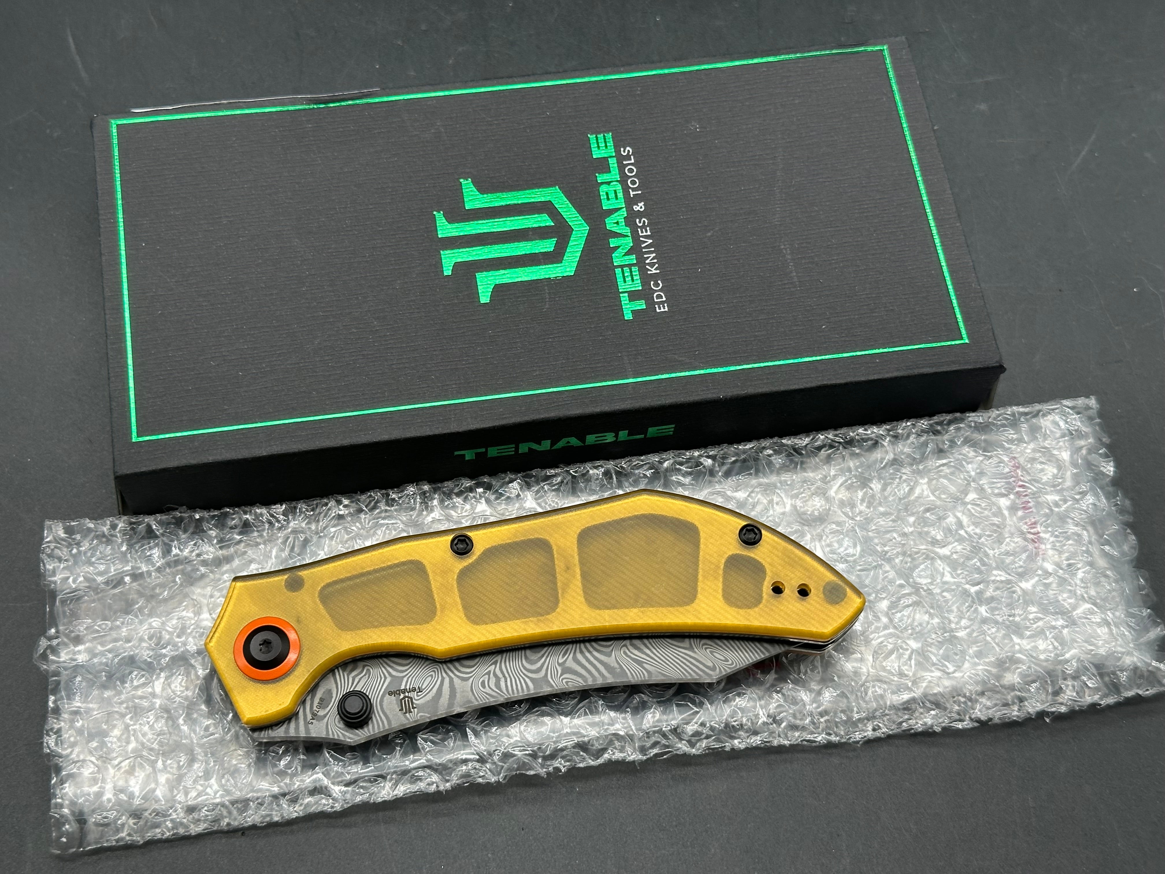 Tenable Tipper Folding Knife | 3.39'' Water Ripple Damascus Blade | Amber PEI Handle | Edgy Bladeworks Design