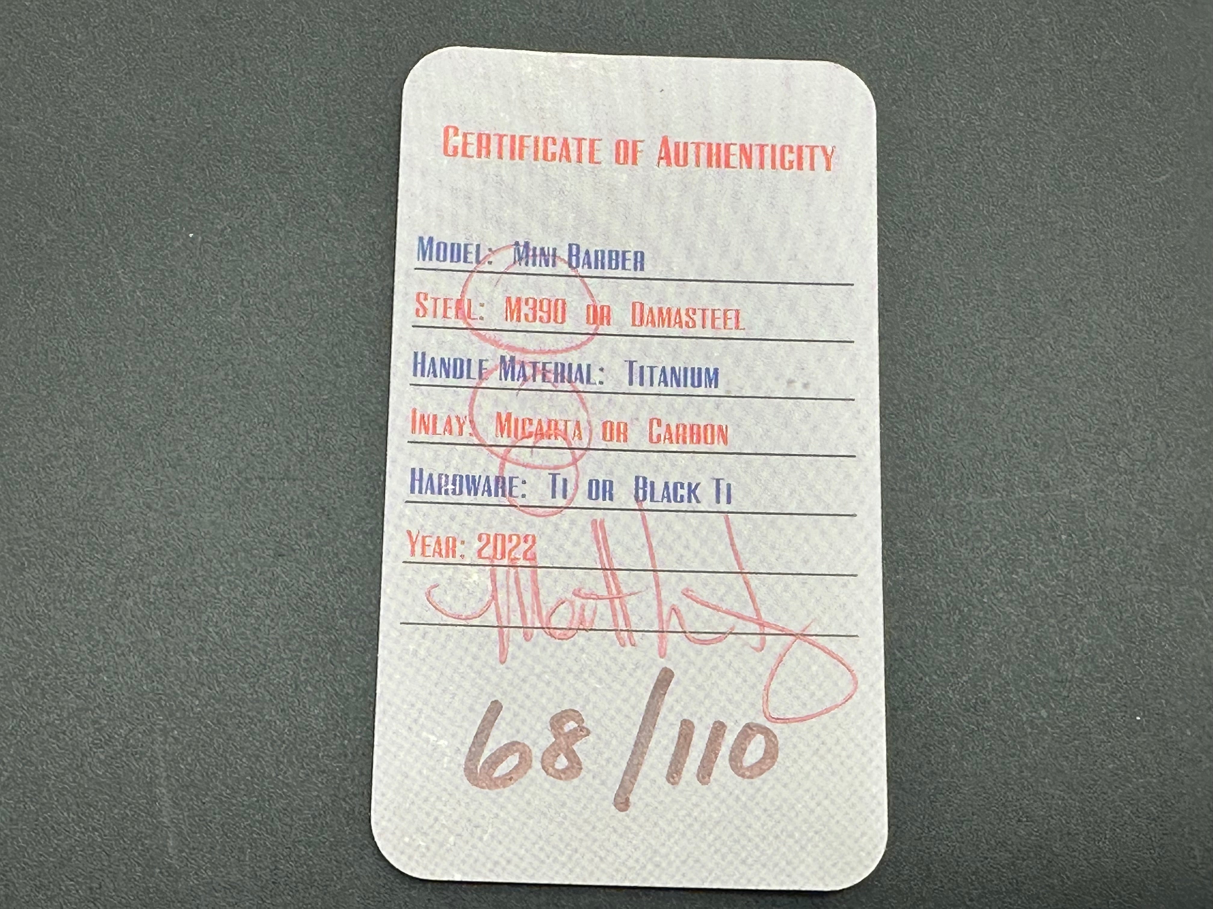 Berg mini Barber carbon fiber satin m390 blade