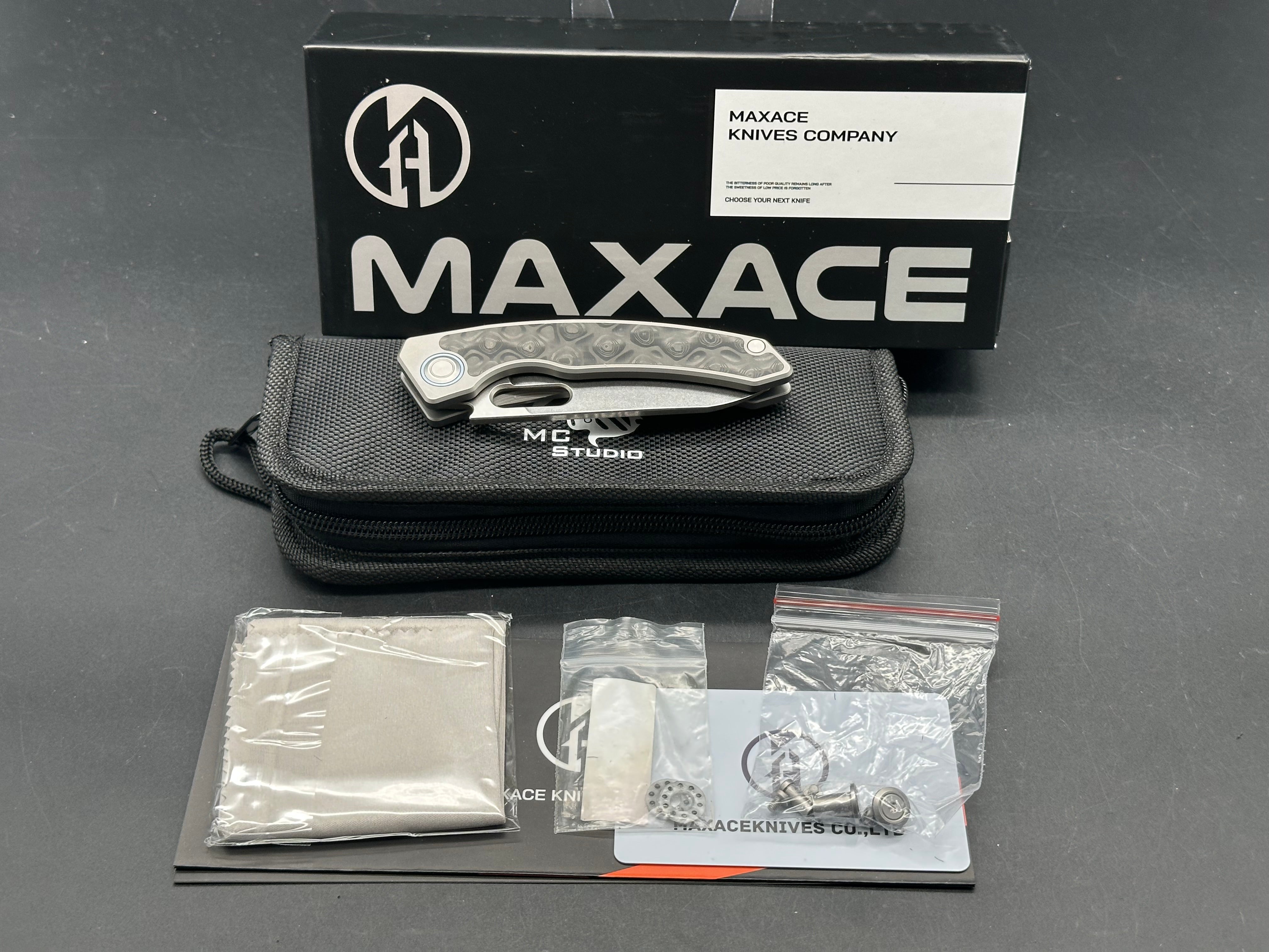Maxace Black Mirror (NEW), 3.28" CPM S90V Stonewash Blade with Titanium and Carbon Fiber Inlay Handle plus Skiff Bearings Installed