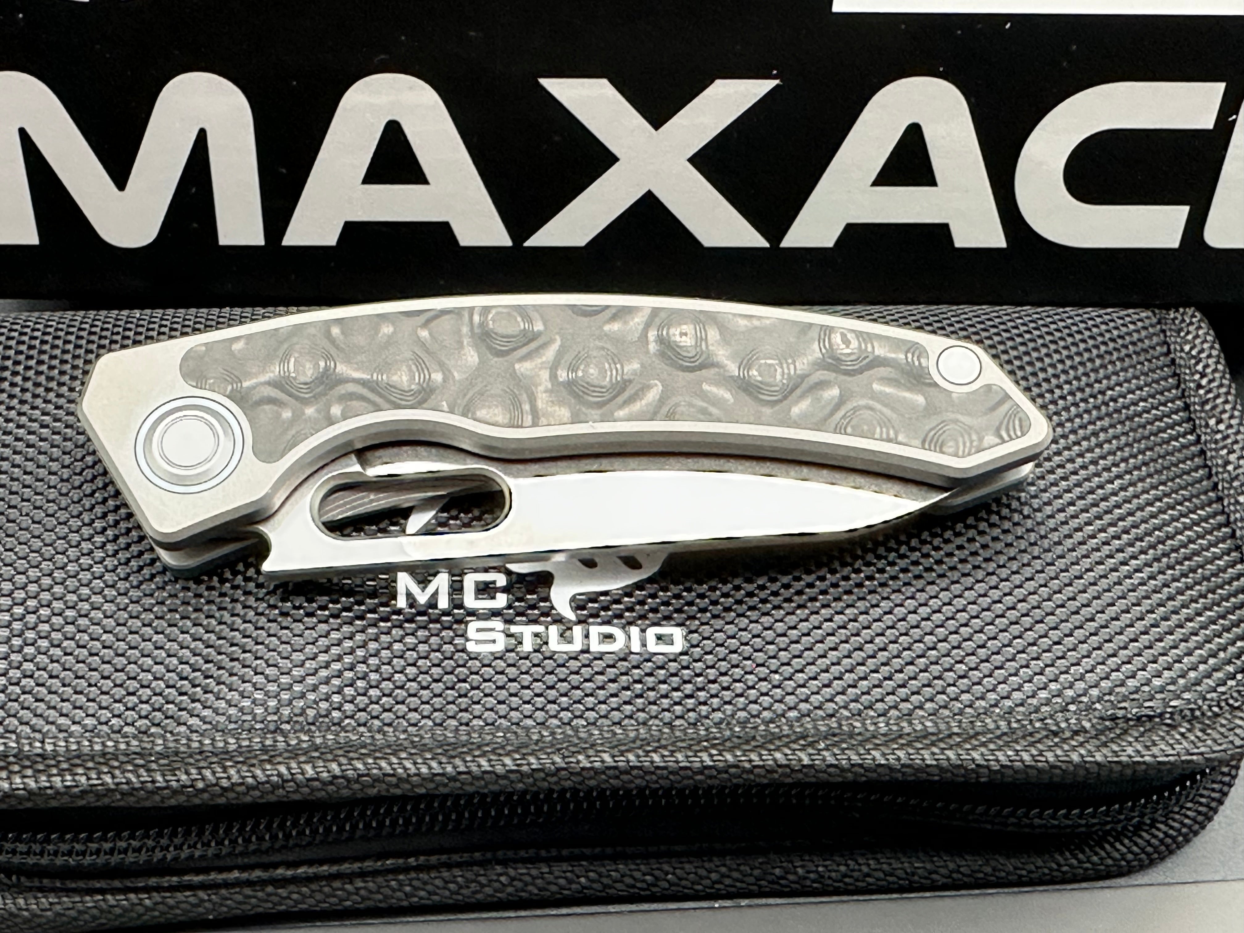 Maxace Black Mirror (NEW), 3.28" CPM S90V Stonewash Blade with Titanium and Carbon Fiber Inlay Handle plus Skiff Bearings Installed