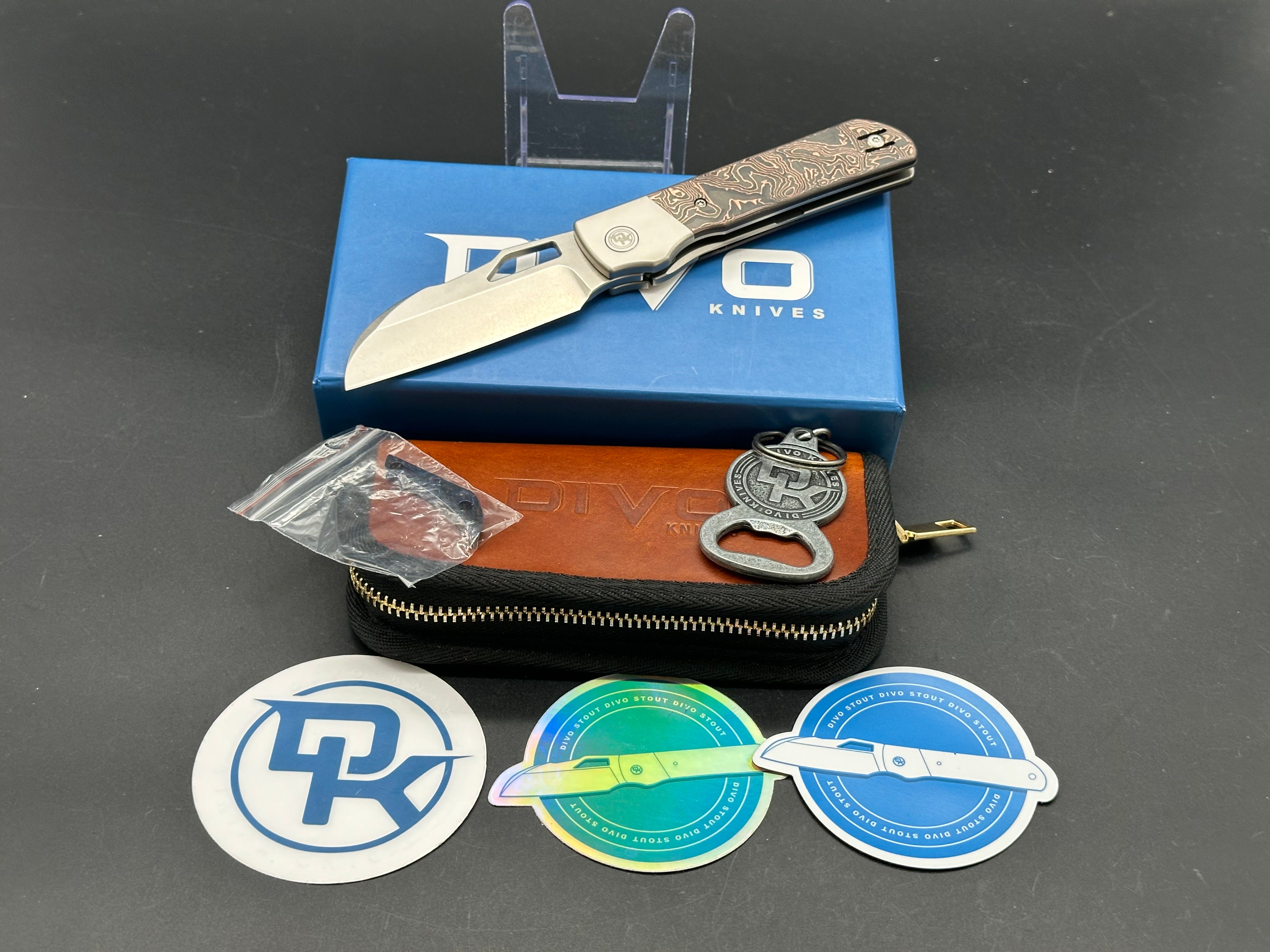 Divo Knives Stout Copper/CF scales titanium frame w/20CV blade & timascus back spacer