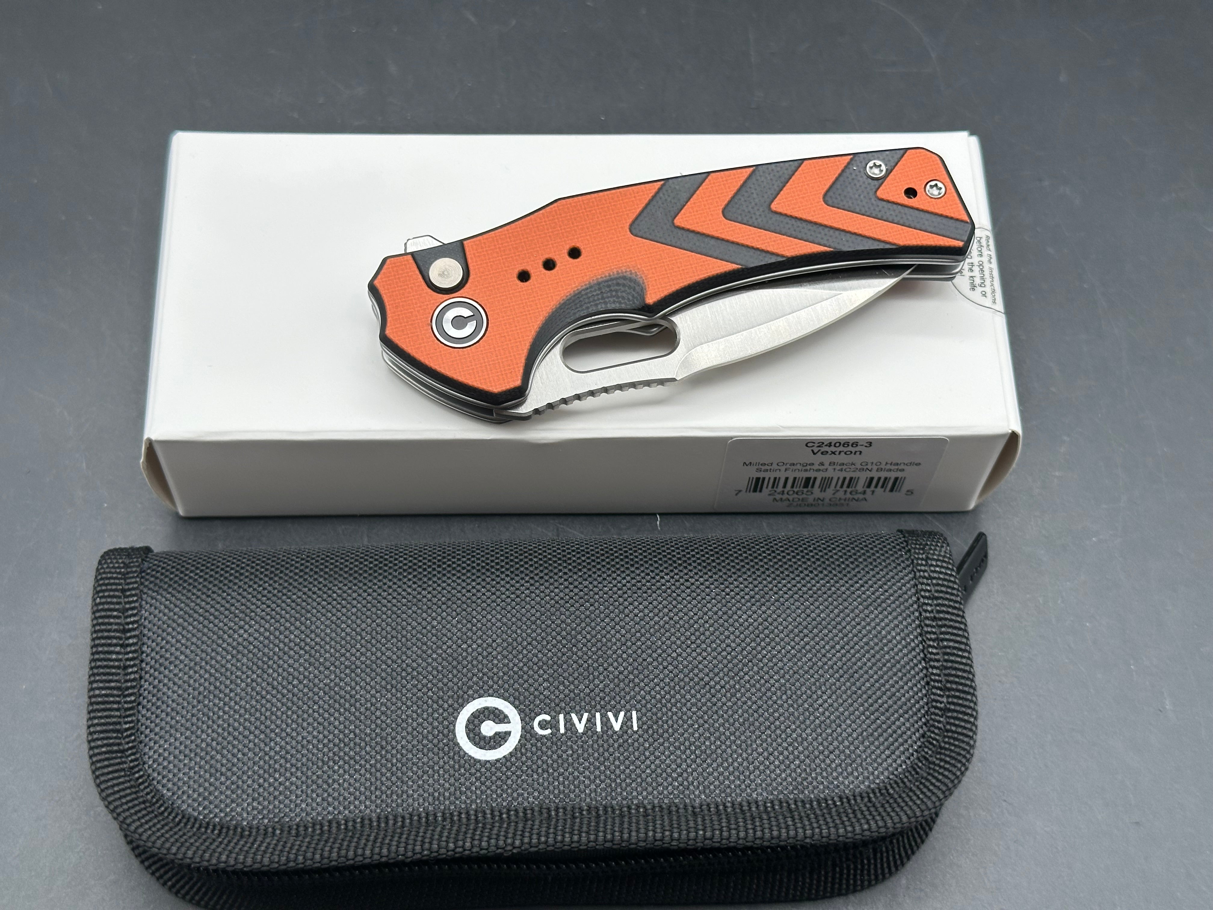 CIVIVI VEXRON FOLDING KNIFE MILLED ORANGE/BLACK G10 HANDLE 14C28N PLAIN EDGE SATIN FINISH
