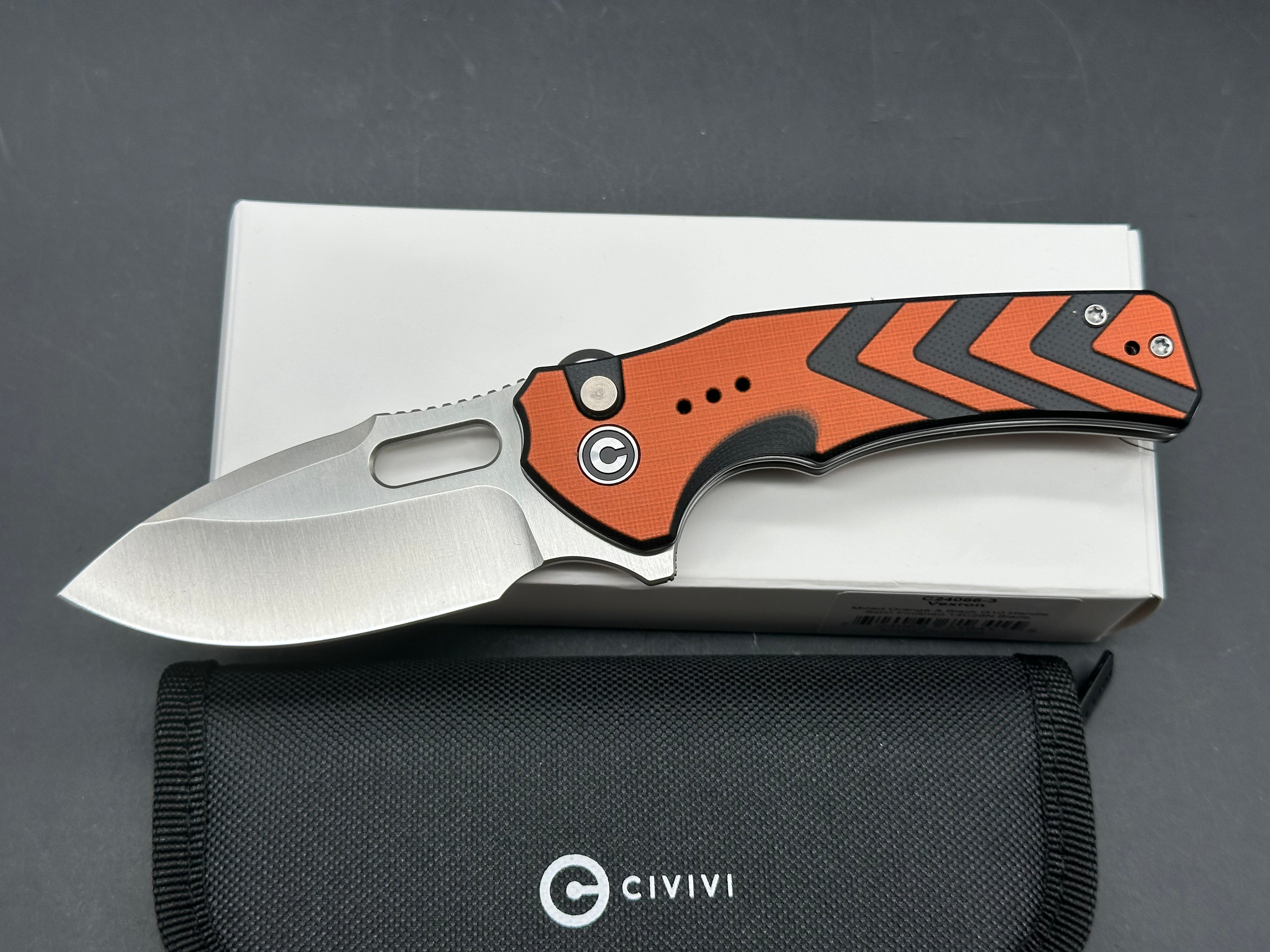CIVIVI VEXRON FOLDING KNIFE MILLED ORANGE/BLACK G10 HANDLE 14C28N PLAIN EDGE SATIN FINISH