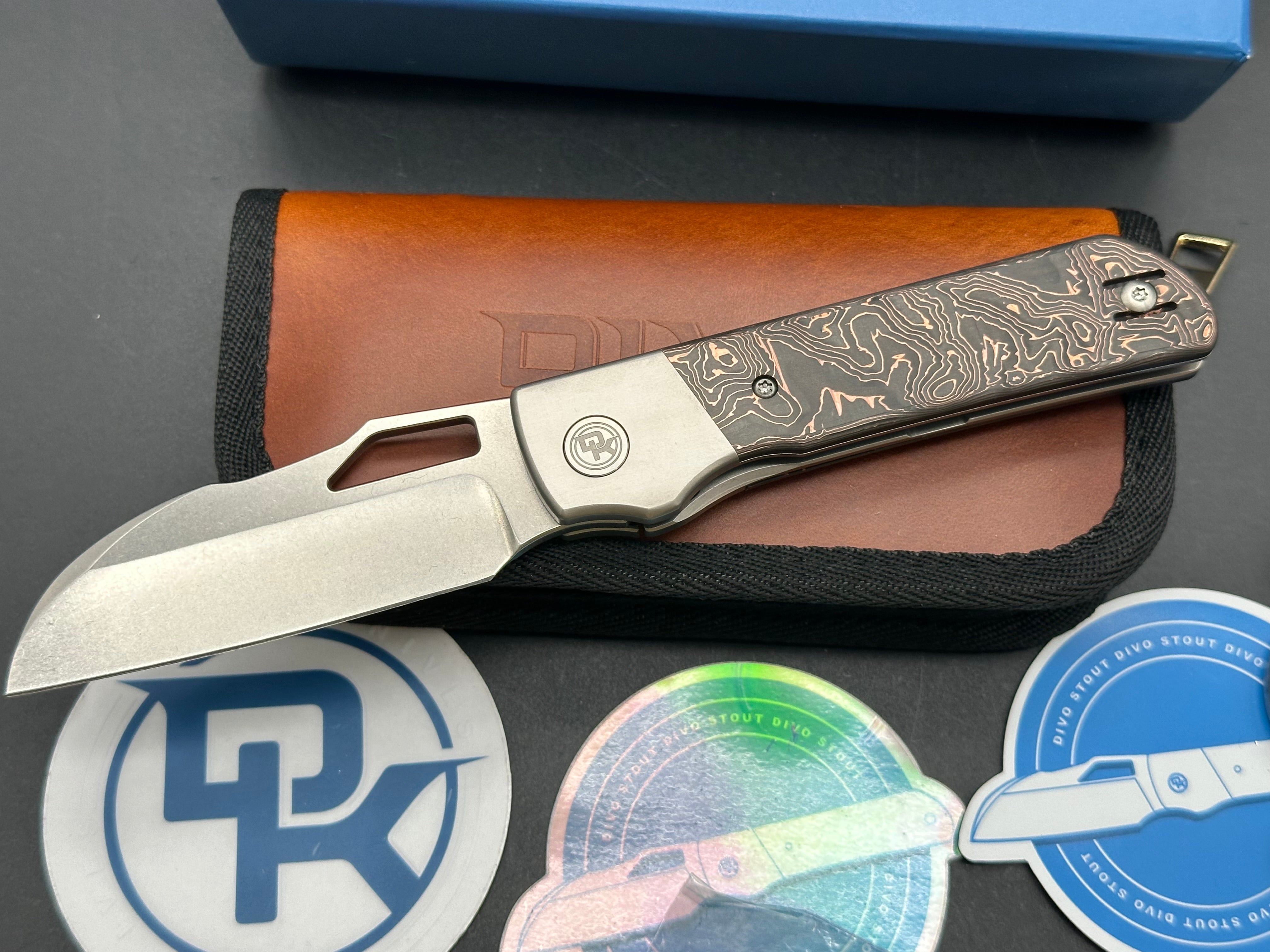Divo Knives Stout Copper/CF scales titanium frame w/20CV blade & timascus back spacer