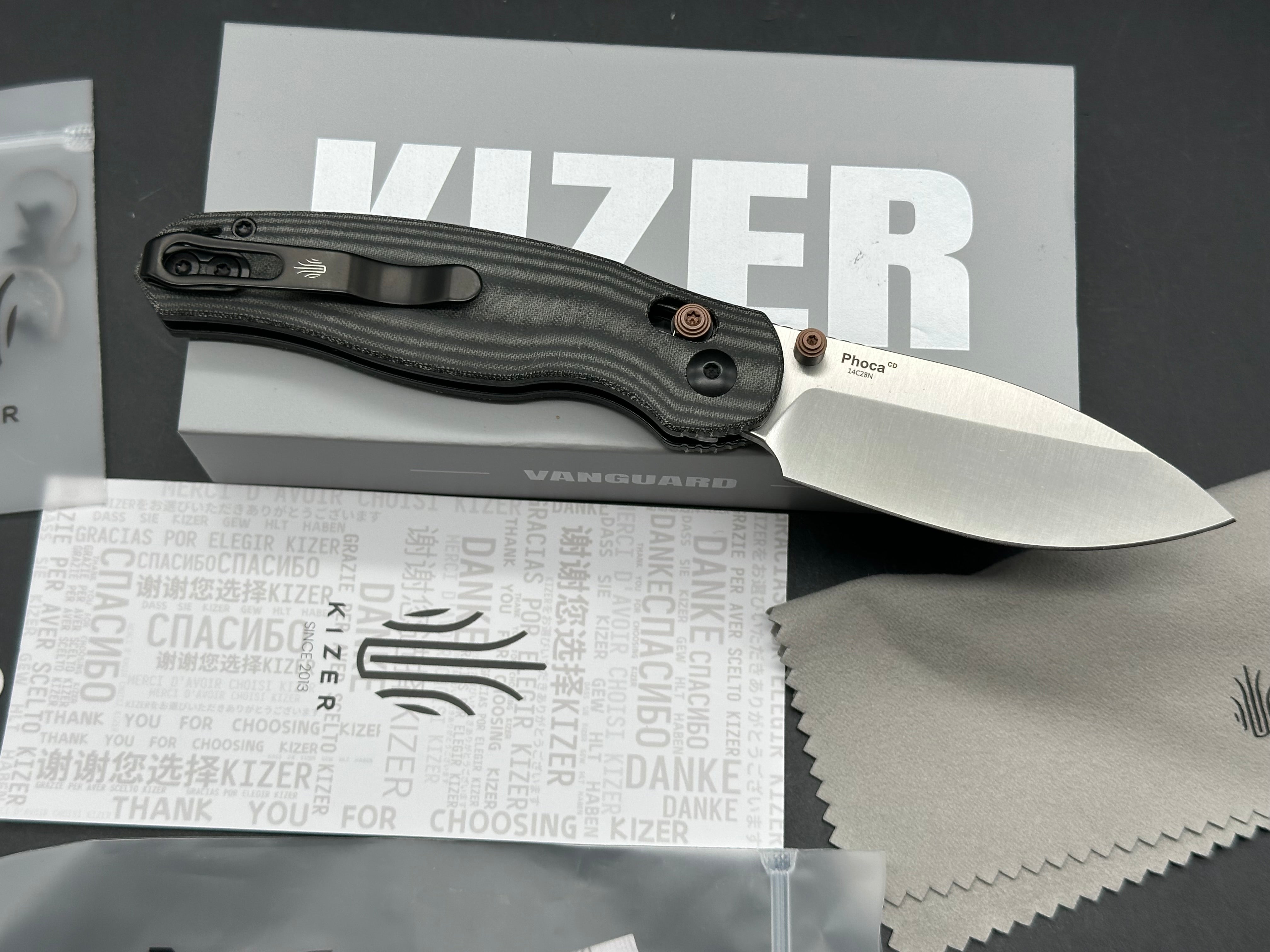 KIZER PHOCA CD FOLDING KNIFE BLACK NORPLEX ULTREX MICARTA HANDLE 14C28N DROP POINT PLAIN EDGE SATIN FINISH