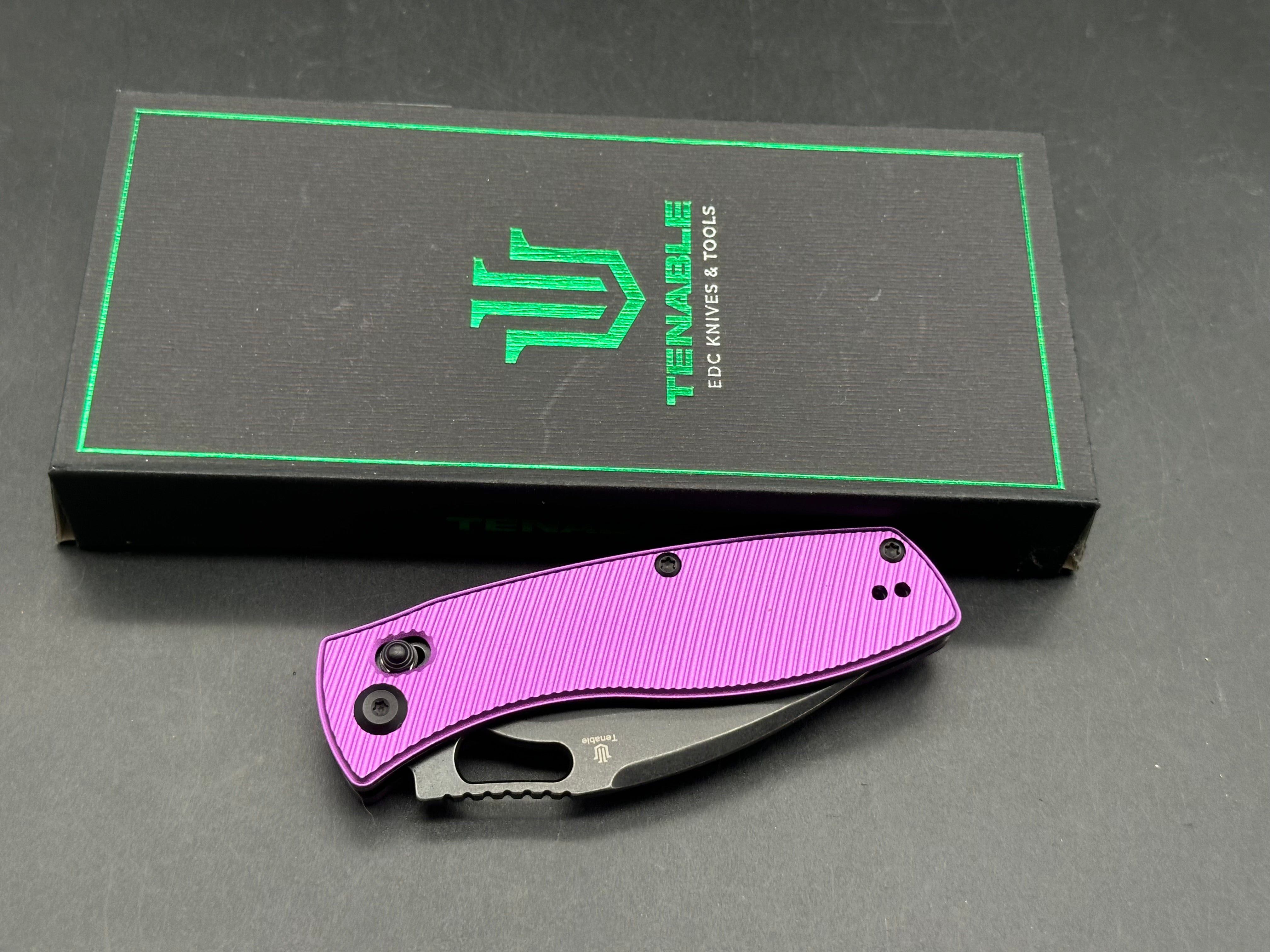 TENABLE HERON FOLDING KNIFE PURPLE ALUMINUM HANDLE NITRO-V PLAIN EDGE BLACKWASH FINISH