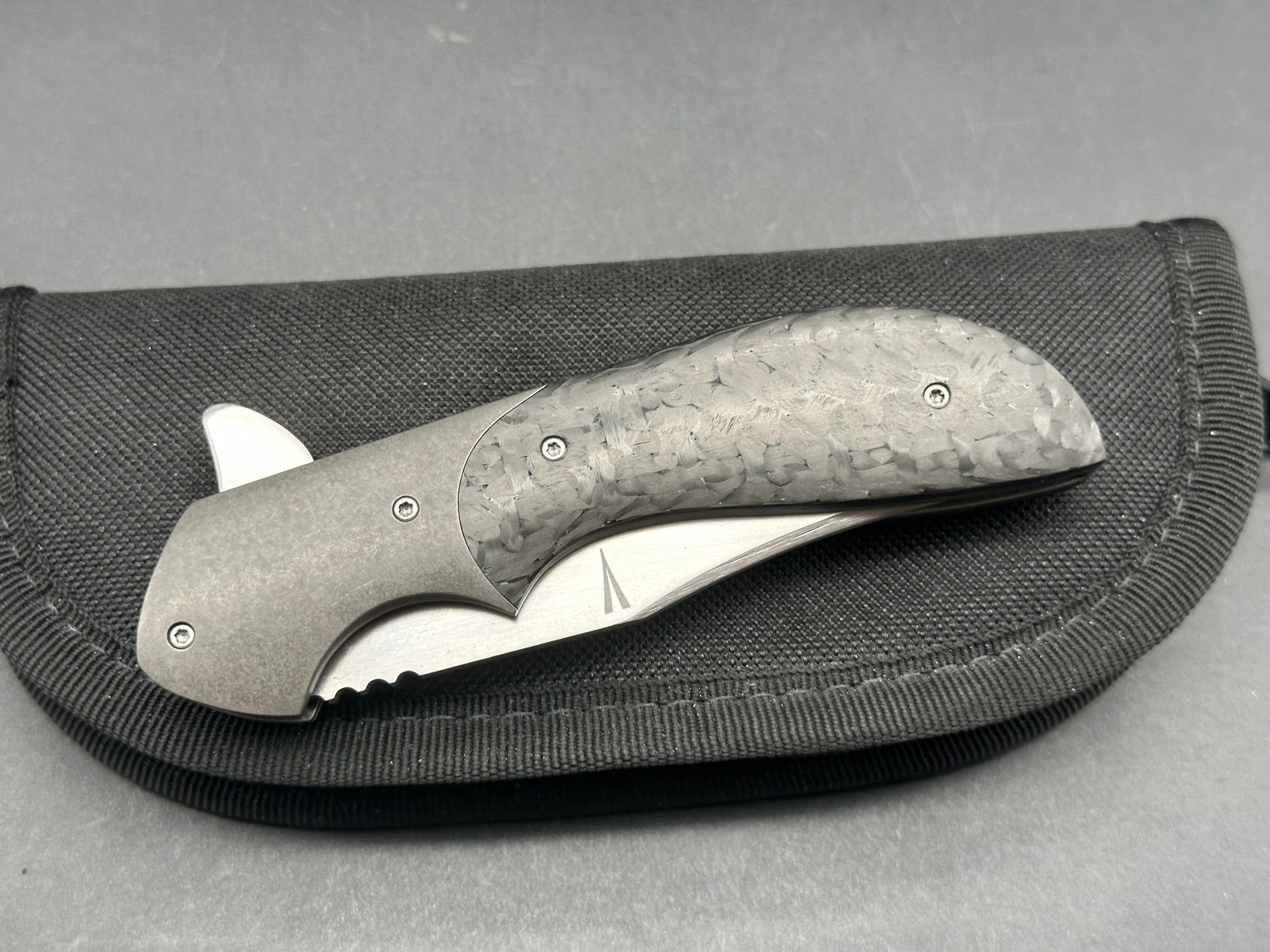 Jeff Vandermeulen custom Mini Intro, hand rubbed satin blade, titanium handle with carbon fiber inlay, tip up Mokuti clip