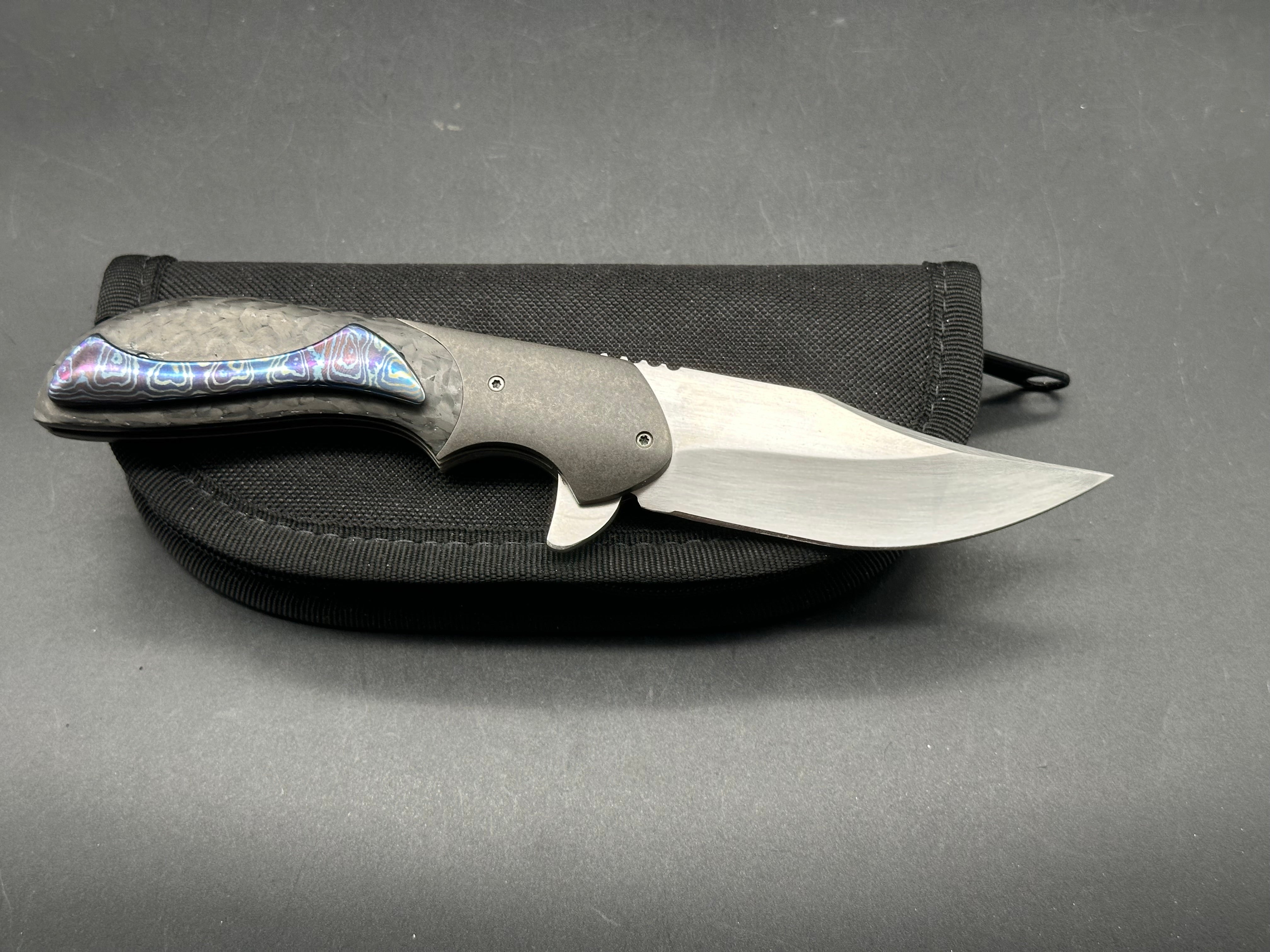 Jeff Vandermeulen custom Mini Intro, hand rubbed satin blade, titanium handle with carbon fiber inlay, tip up Mokuti clip