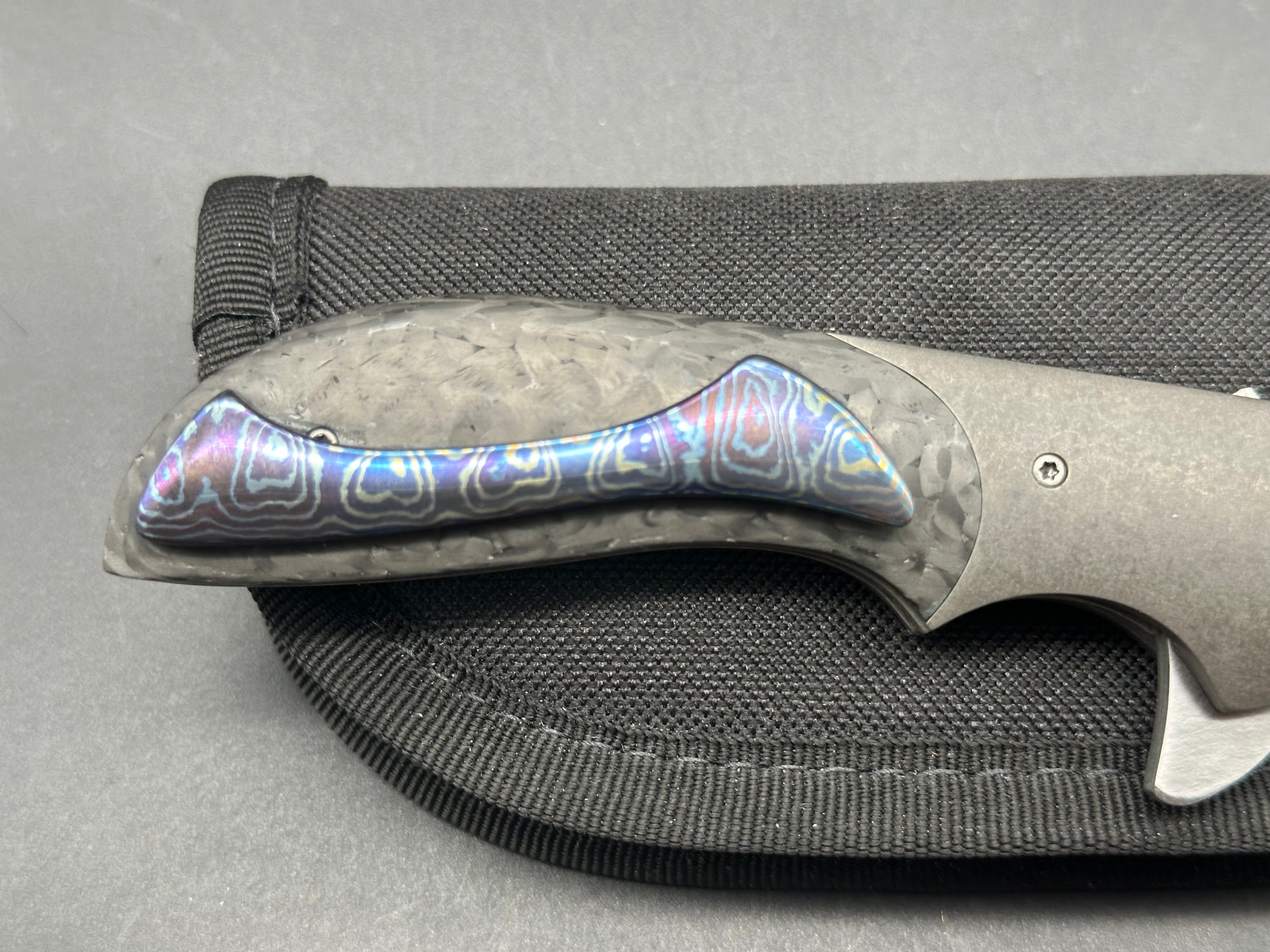 Jeff Vandermeulen custom Mini Intro, hand rubbed satin blade, titanium handle with carbon fiber inlay, tip up Mokuti clip