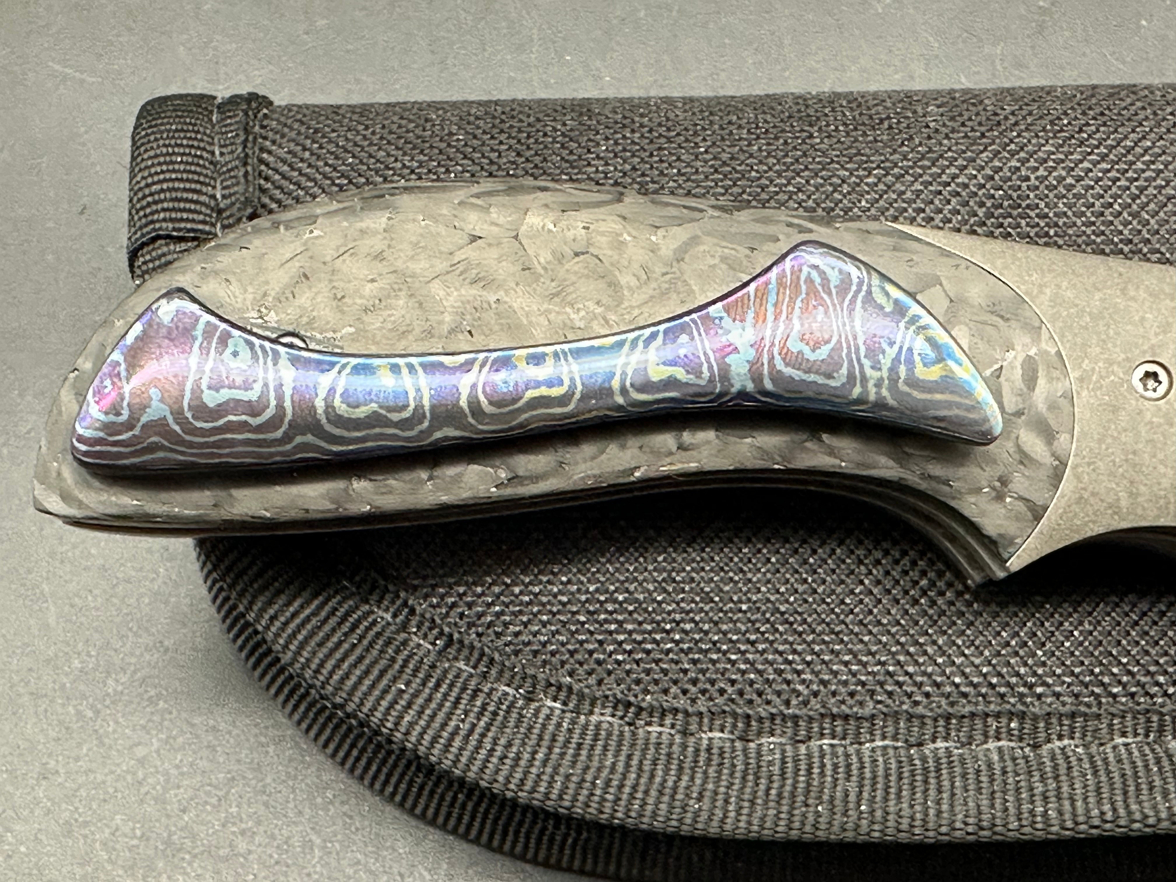 Jeff Vandermeulen custom Mini Intro, hand rubbed satin blade, titanium handle with carbon fiber inlay, tip up Mokuti clip