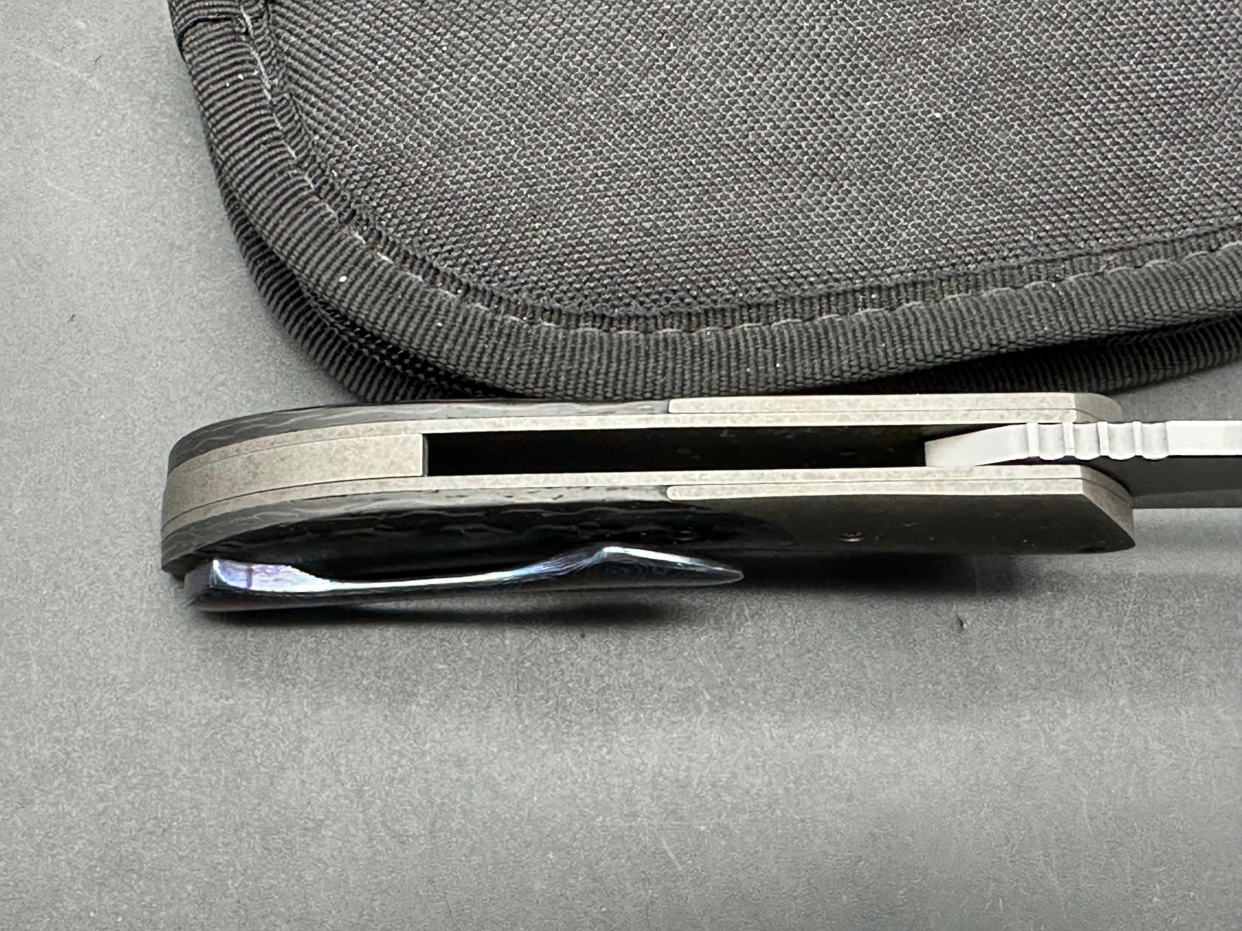 Jeff Vandermeulen custom Mini Intro, hand rubbed satin blade, titanium handle with carbon fiber inlay, tip up Mokuti clip