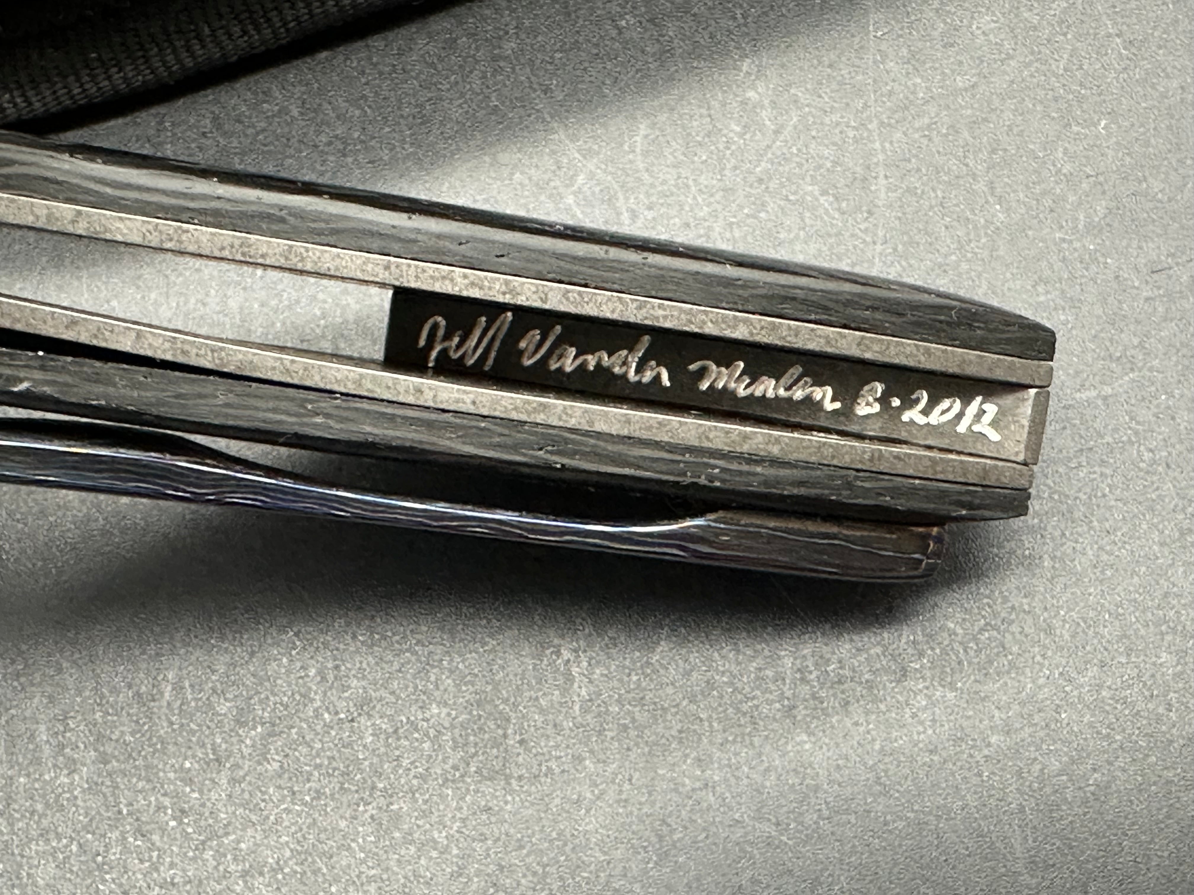 Jeff Vandermeulen custom Mini Intro, hand rubbed satin blade, titanium handle with carbon fiber inlay, tip up Mokuti clip