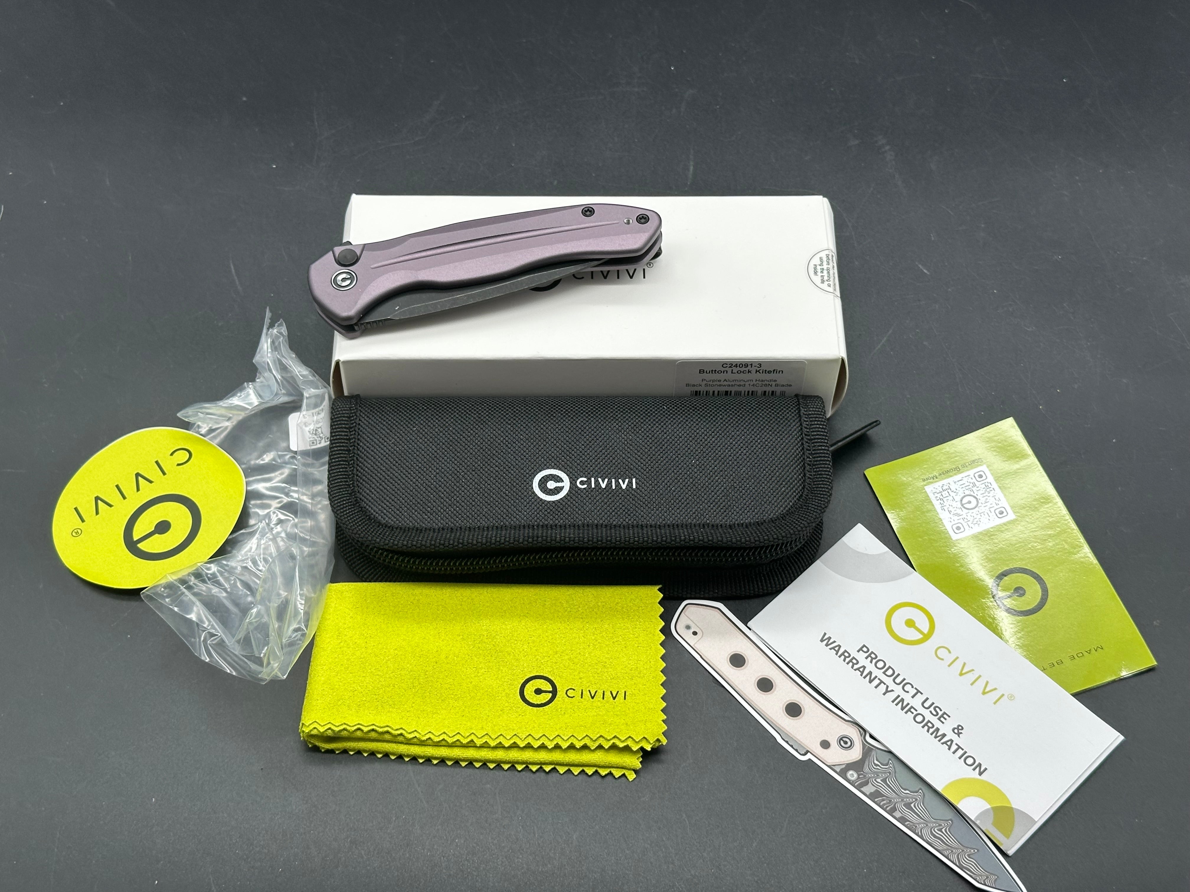CIVIVI BUTTON LOCK KITEFIN FOLDING KNIFE PURPLE ALUMINUM HANDLE 14C28N BLADE