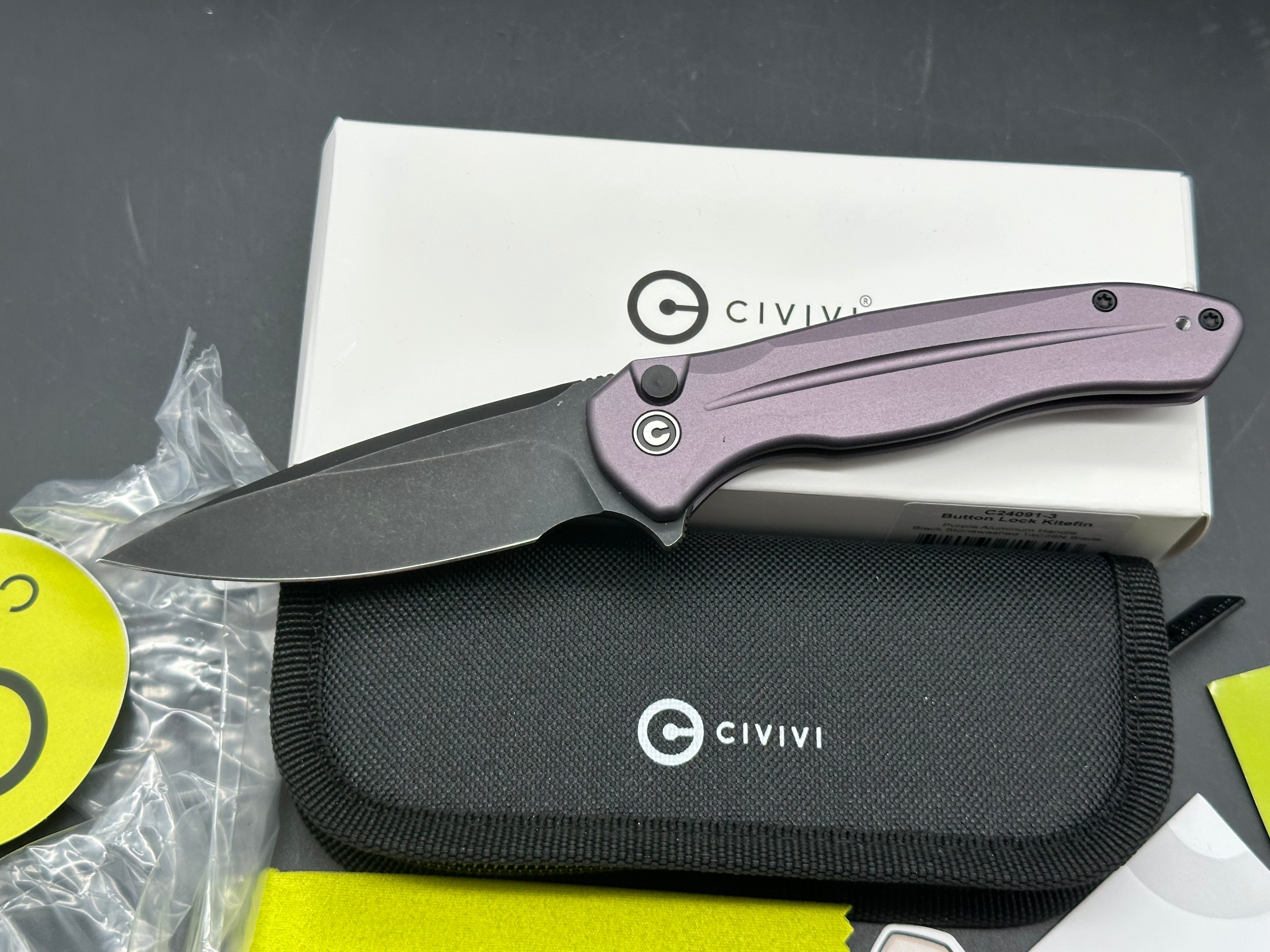 CIVIVI BUTTON LOCK KITEFIN FOLDING KNIFE PURPLE ALUMINUM HANDLE 14C28N BLADE