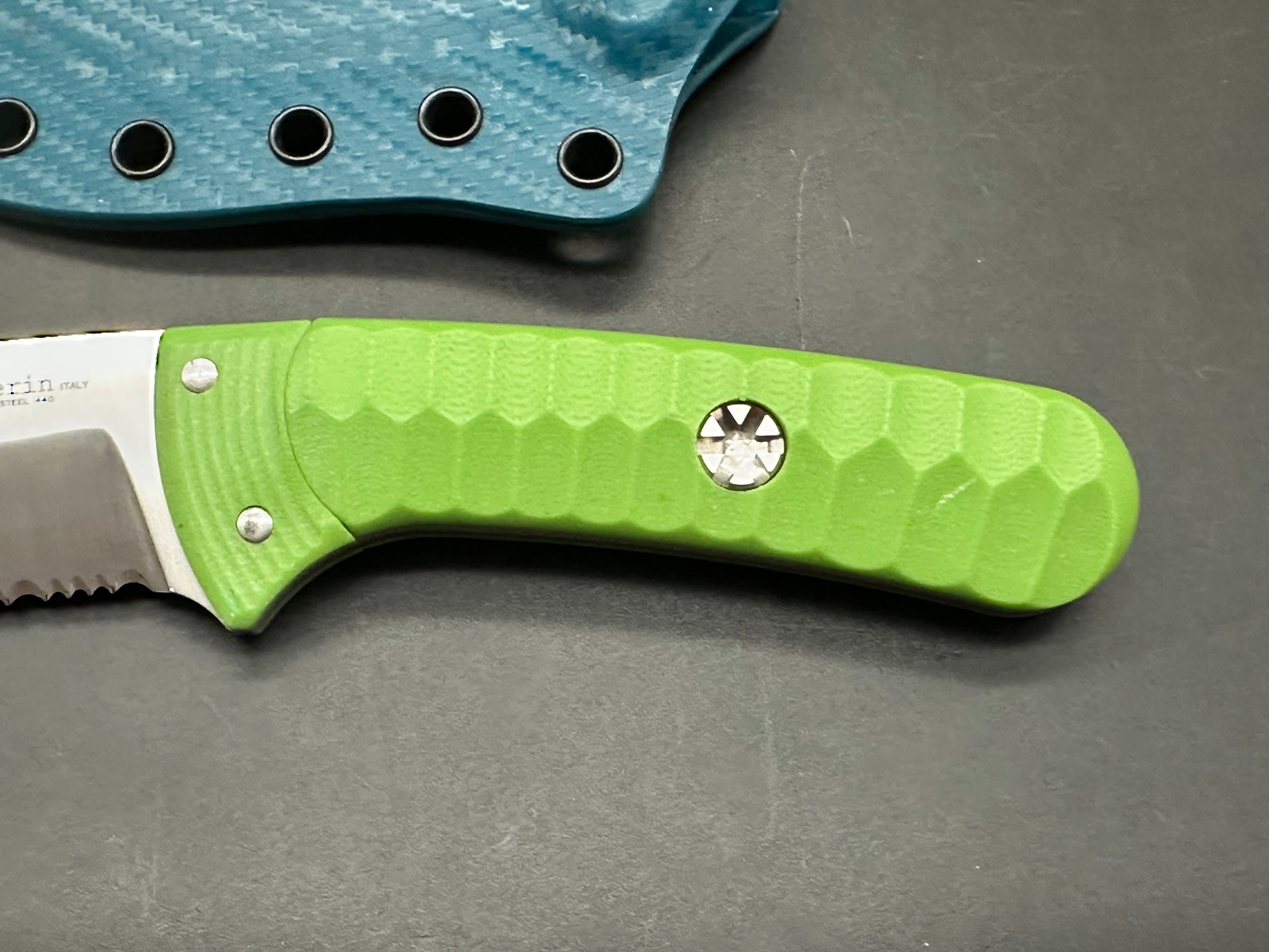 Maserin 975/g10 scales/440c satin blade/custom kydex sheath