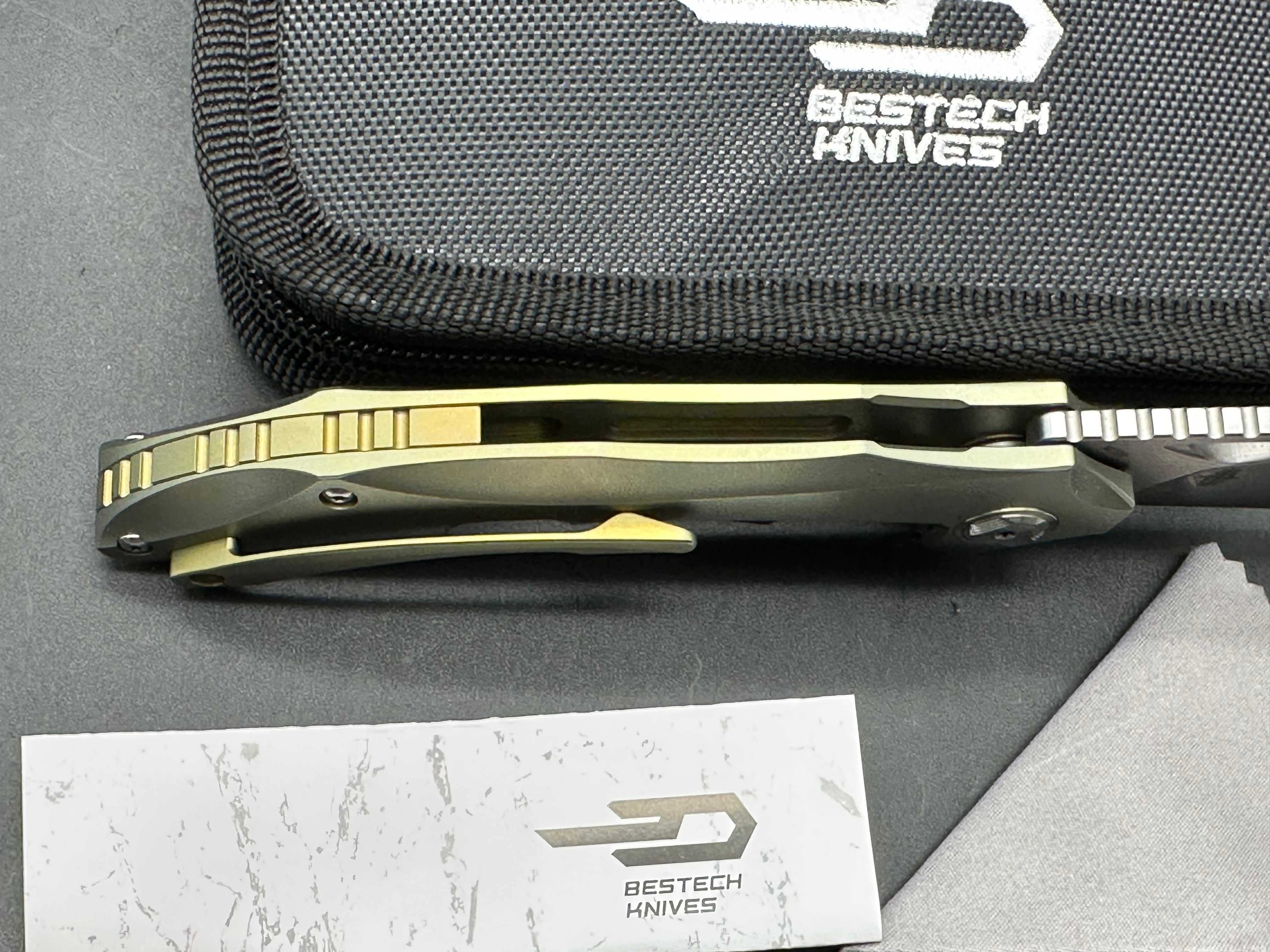 Bestech Eskra, Bohler M390 blade stonewash, gold titanium handle