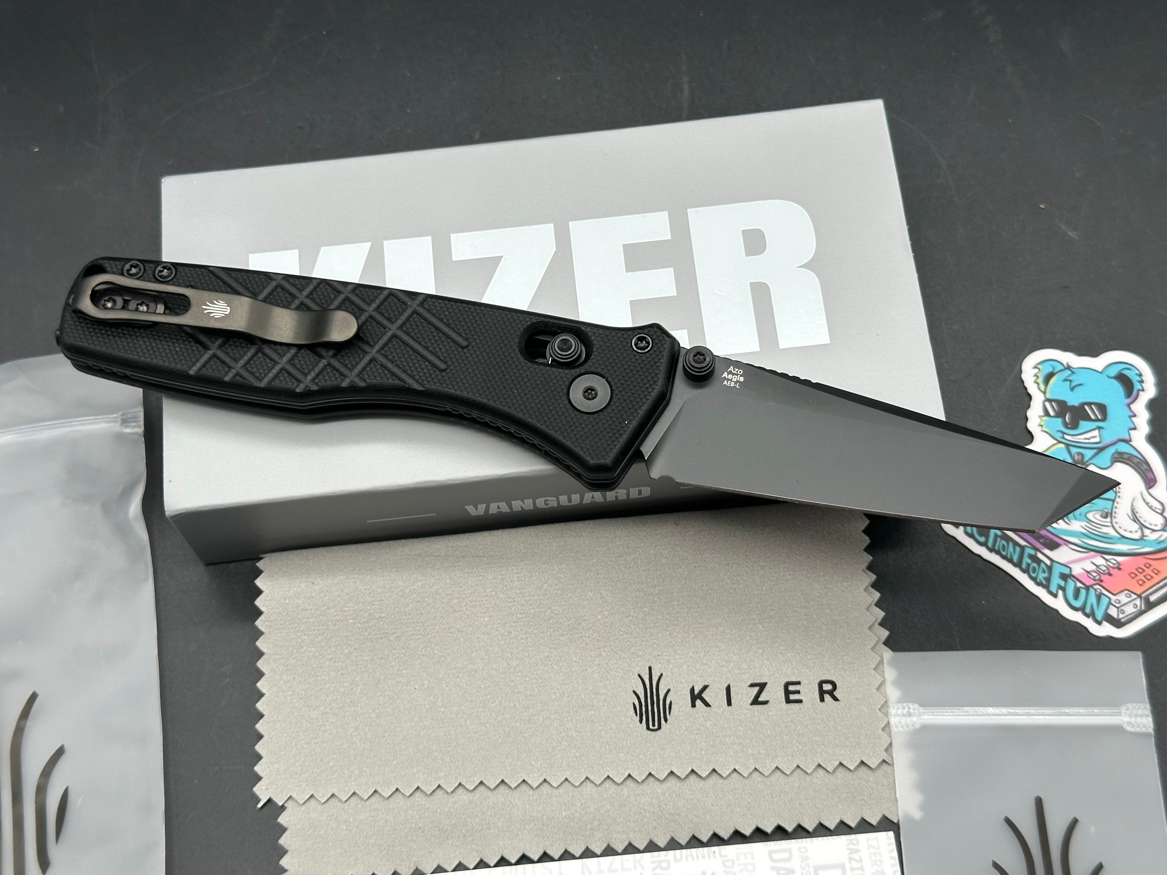 KIZER AEGIS T FOLDING KNIFE BLACK G10 HANDLE AEB-L TANTO BLACK PVD BLADE