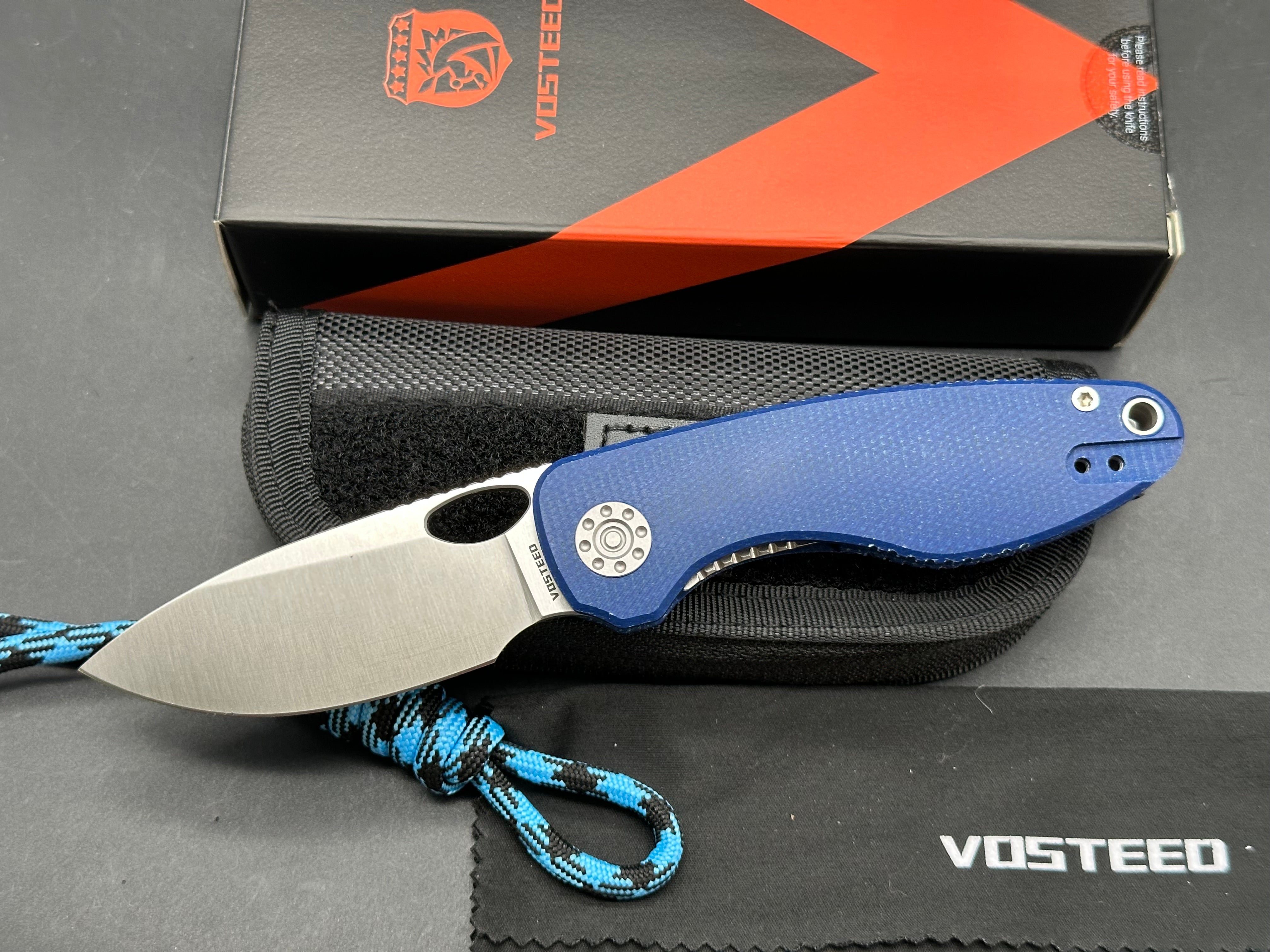 Vosteed Acorn 2.99" 14C28N Satin Blade with Blue Canvas Micarta Scales.