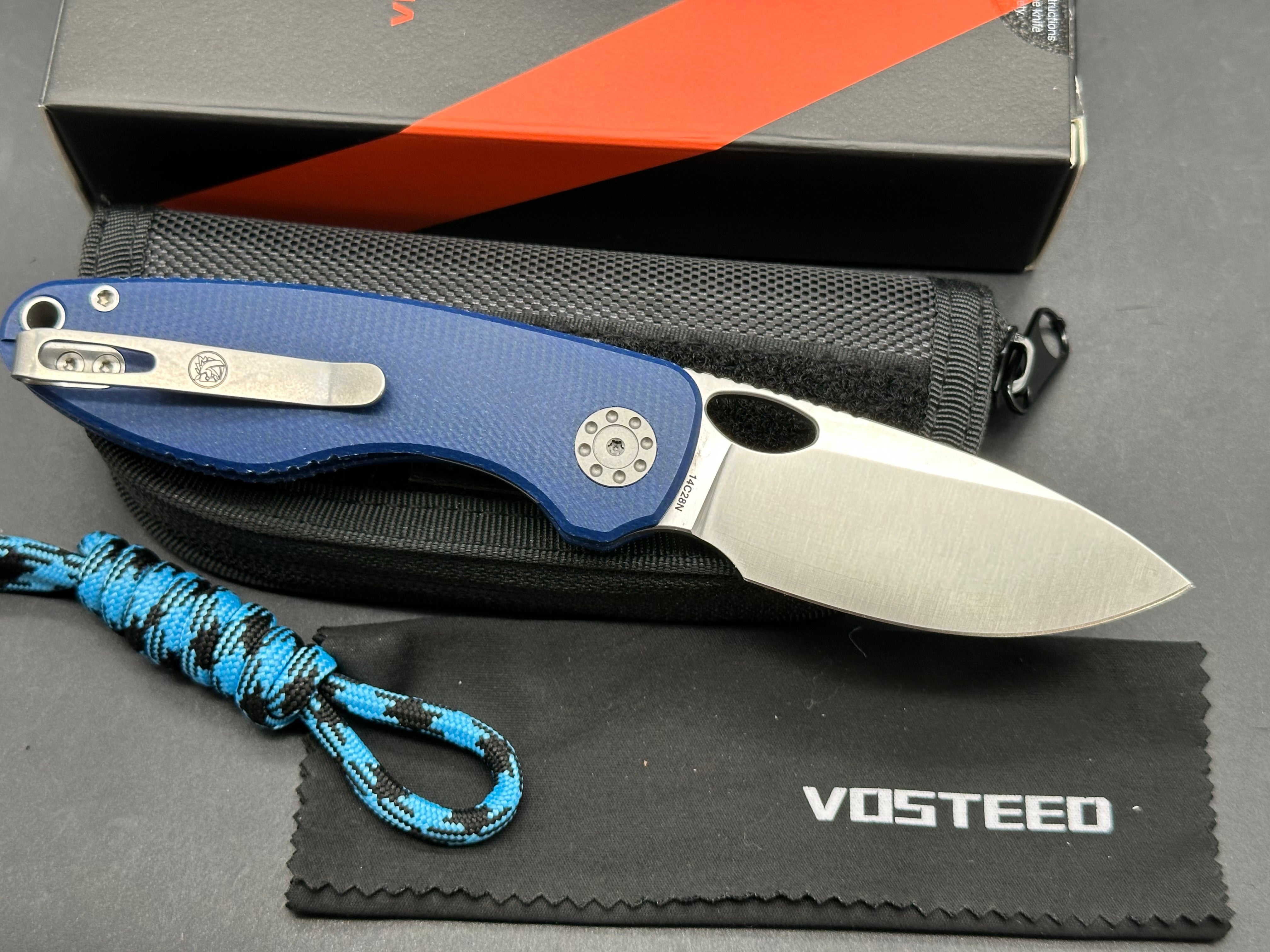 Vosteed Acorn 2.99" 14C28N Satin Blade with Blue Canvas Micarta Scales.