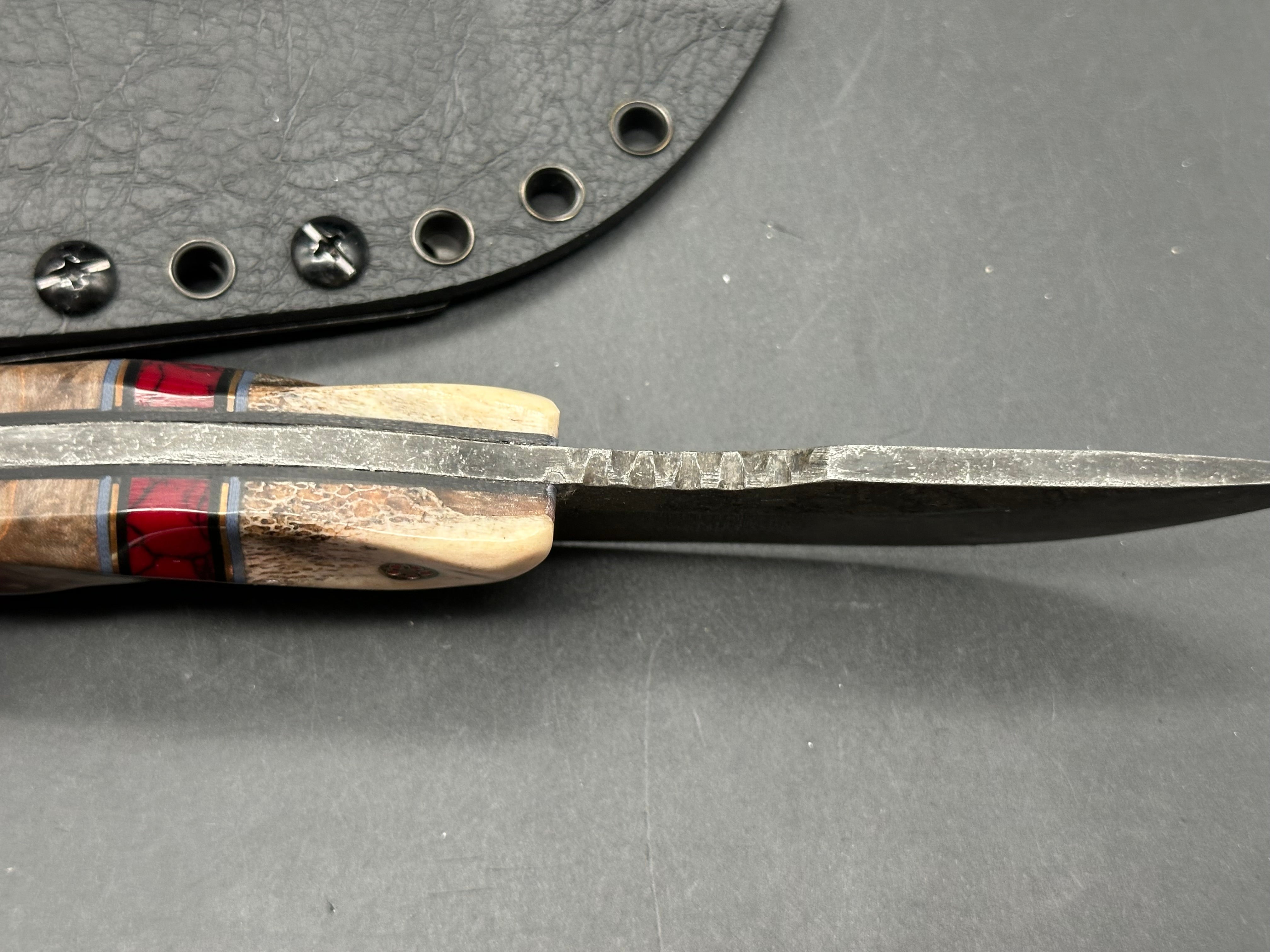 Waters Edge custom/ 7.25 inches overall length/1095 steel/handle is buffalo bone, blood jasper, and stabilized curly maple