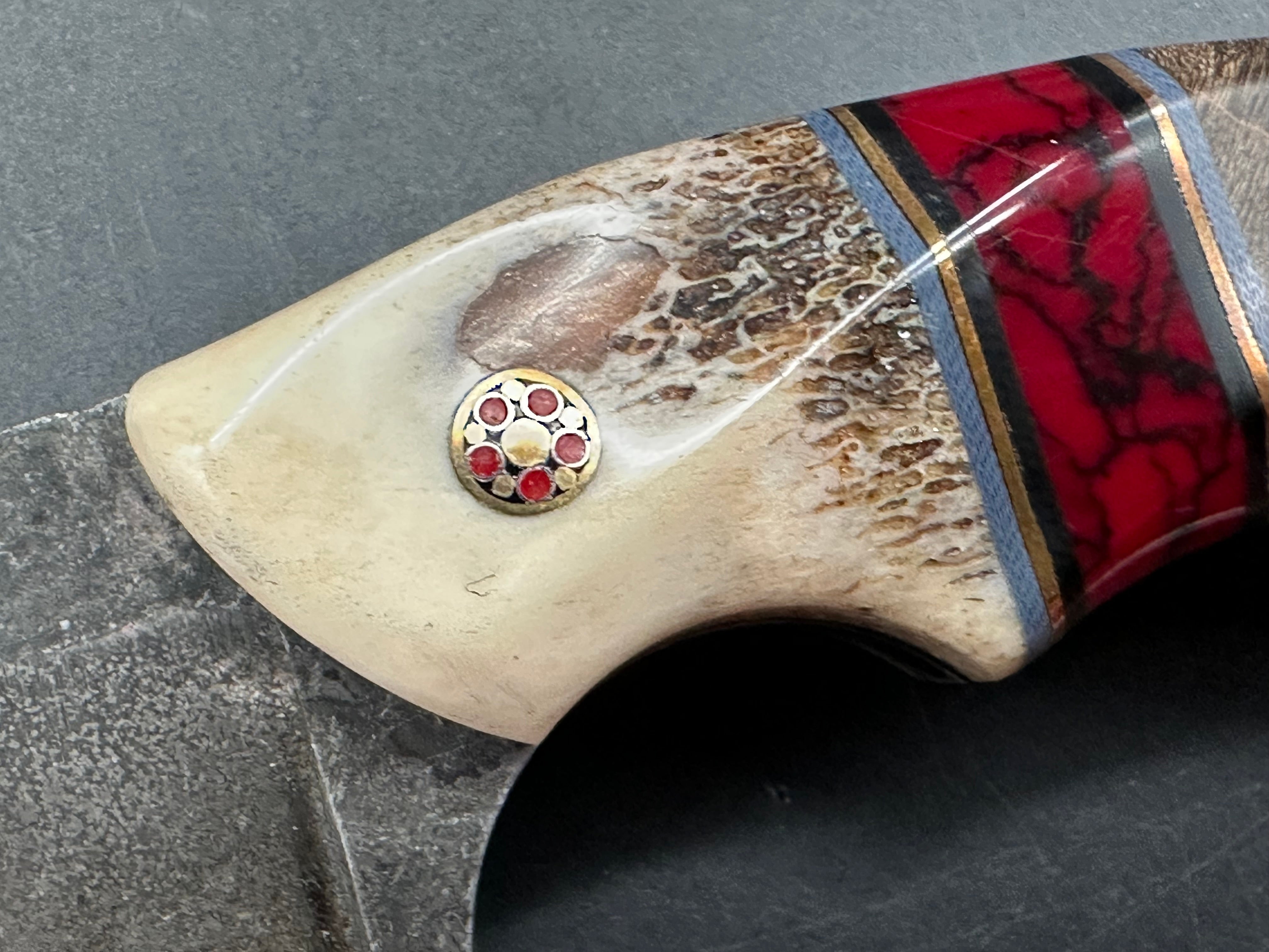Waters Edge custom/ 7.25 inches overall length/1095 steel/handle is buffalo bone, blood jasper, and stabilized curly maple