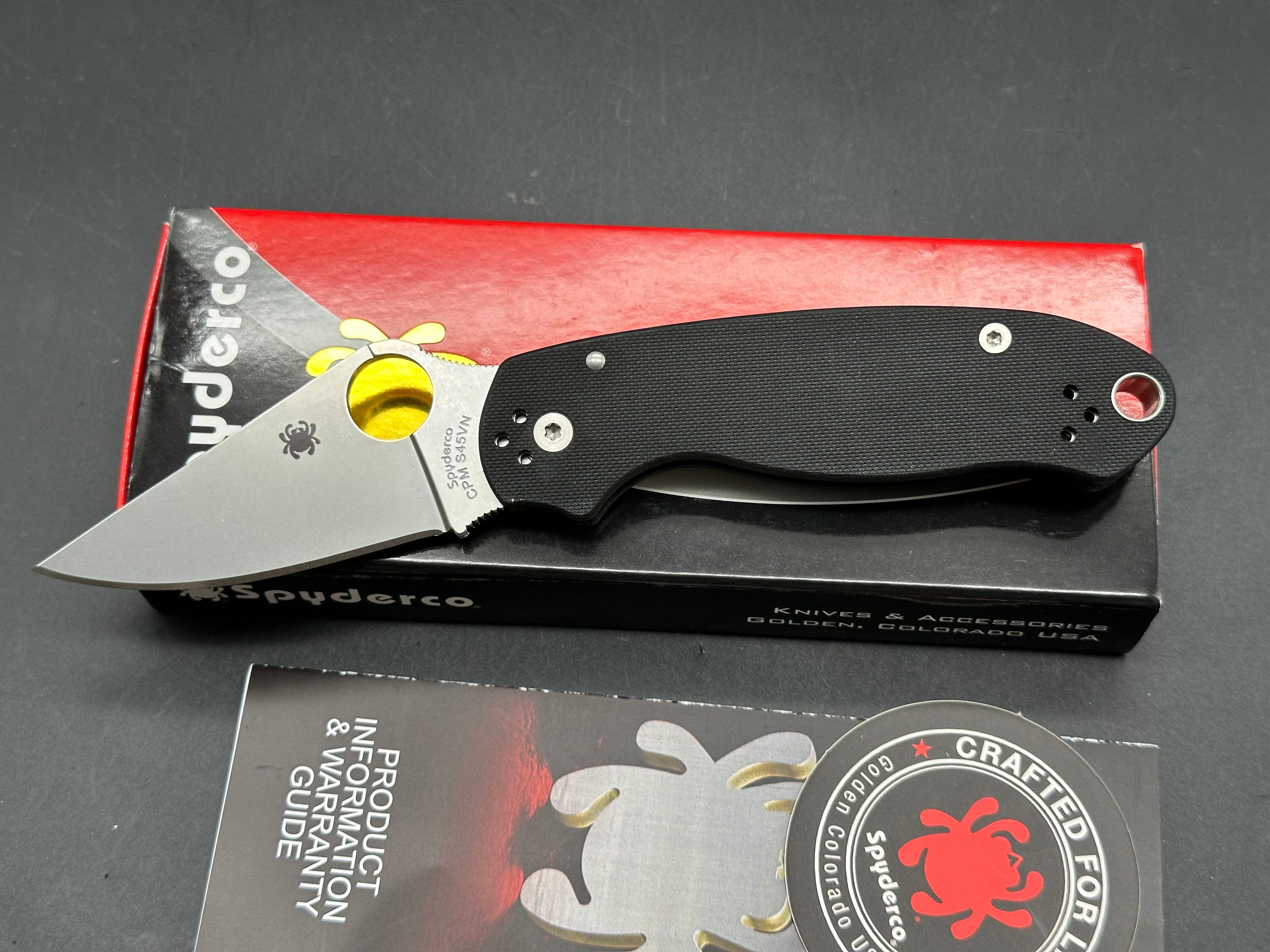Spyderco Para 3, 2.93" CPM S45VN Stonewash Blade with Black G10 Scales.